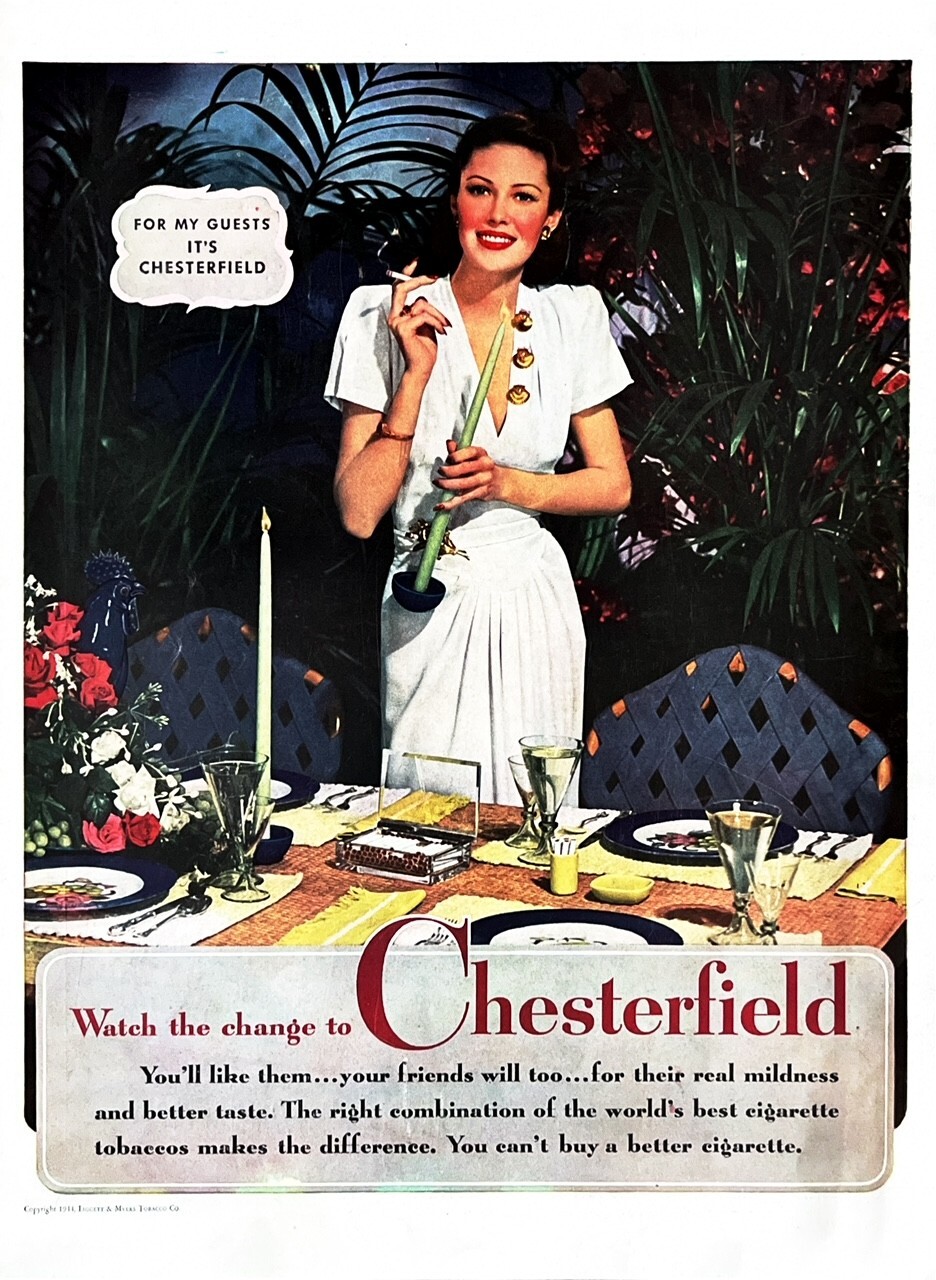 1944 CHESTERFIELD CIGARETTES Large Vintage Print Ad WWII Era Smoking Tobacco