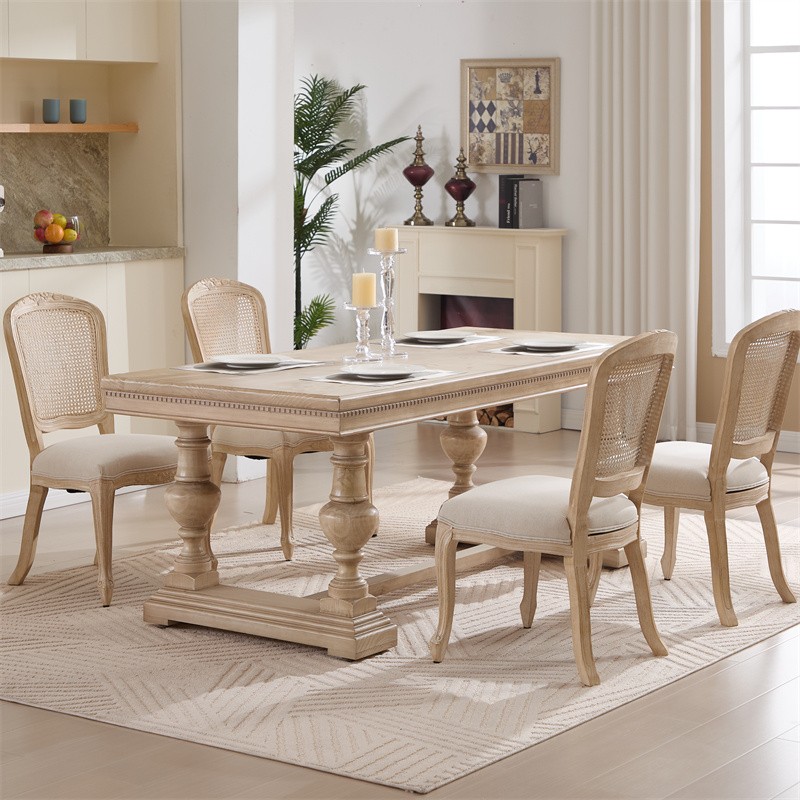 2 Set French Country Dining Chairs,Upholstered Chairs Nature Rattan Back,Beige