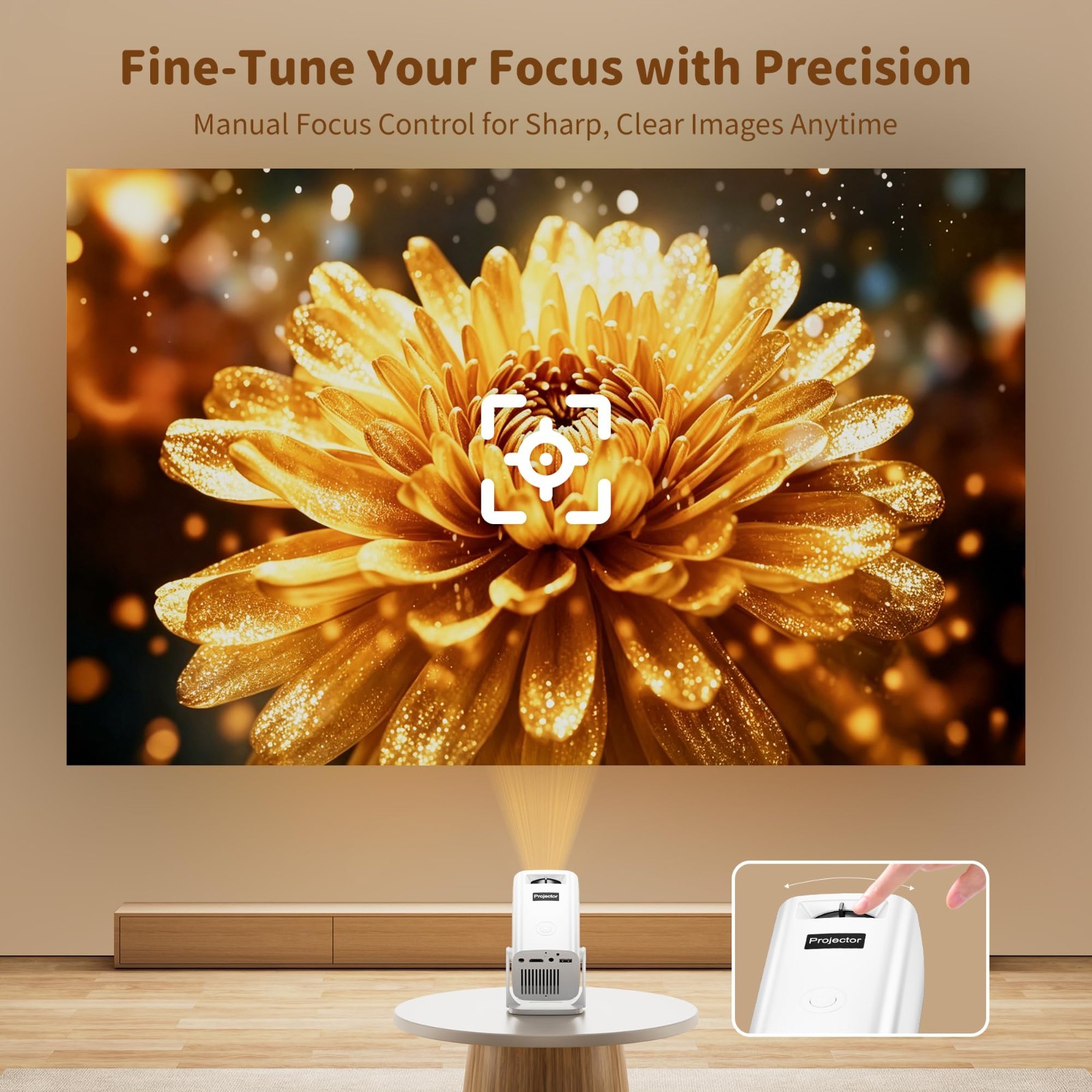4K Mini Projector - Portable, Electric Focus, Keystone, Rotatable Stand, Short T