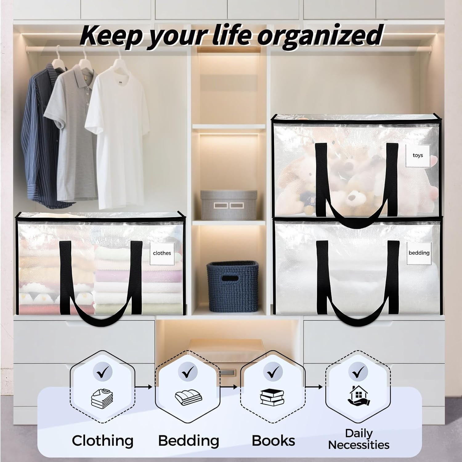 8 Pack Extra Large Heavy Duty Moving Bags, Clear Storage Bins with Lids, Reinfor