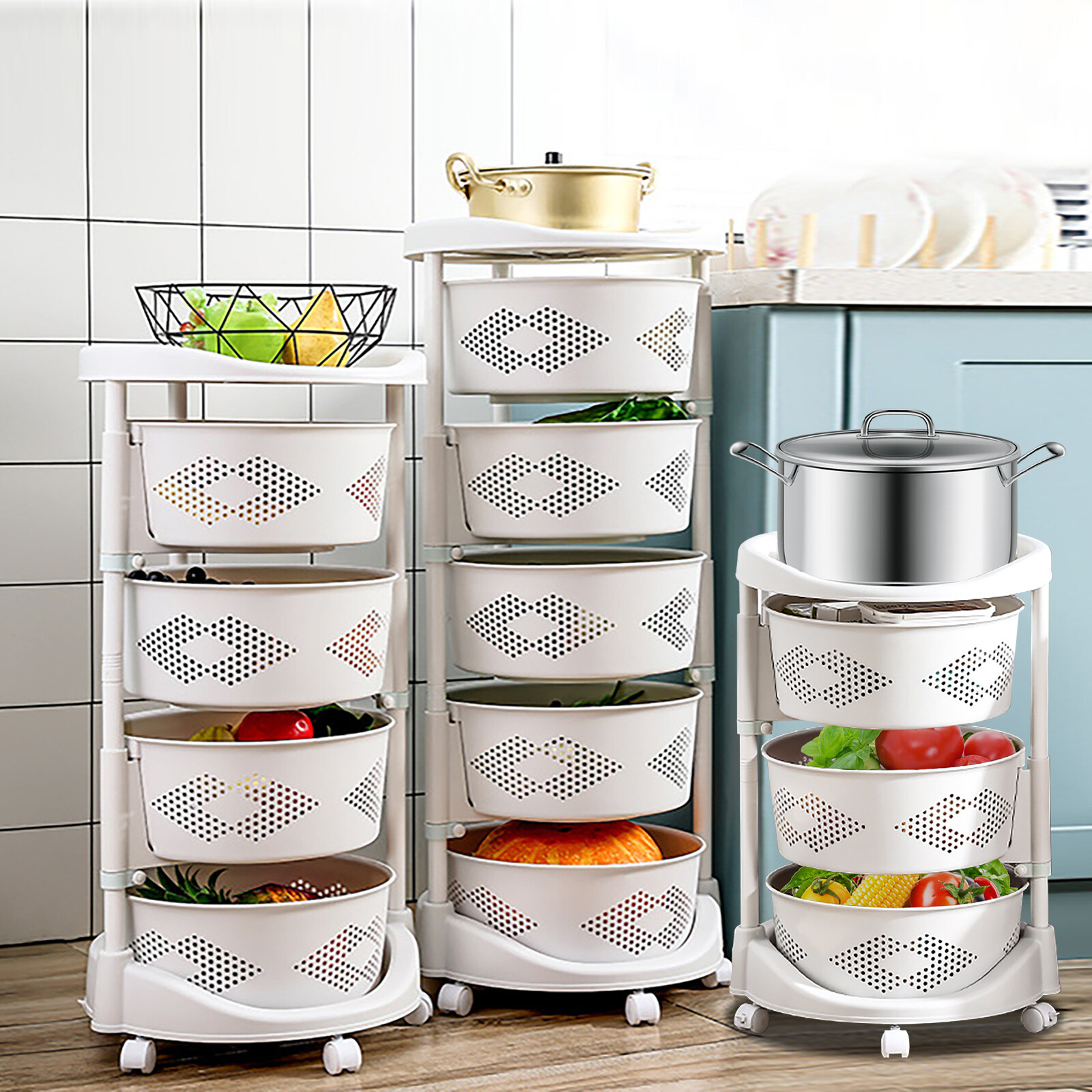 Kitchen Storage Cart Rotating Basket Vegetable Rack Multi-Layer Storage Shelves