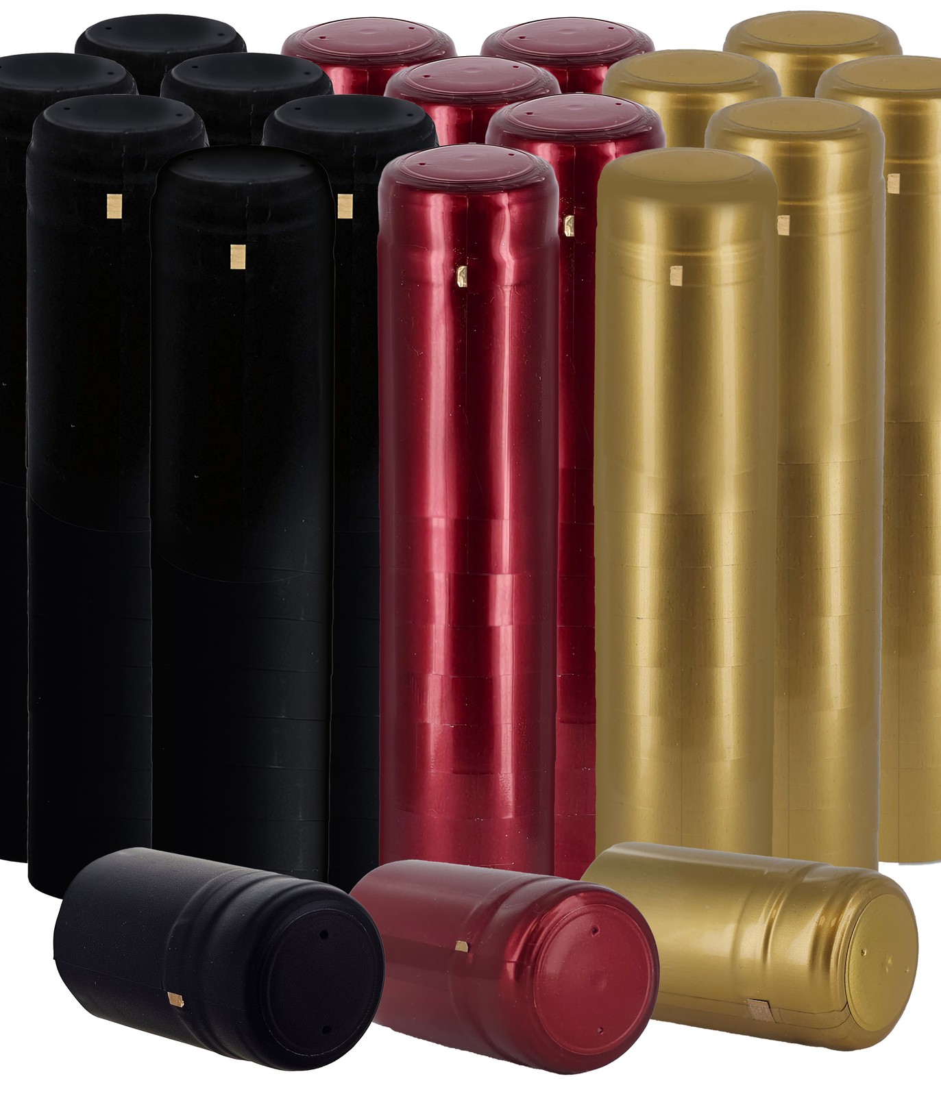 PVC Shrink Capsules Cork Finish Wine Bottles 150, 60-Black 60-Ruby Red 30-Gold