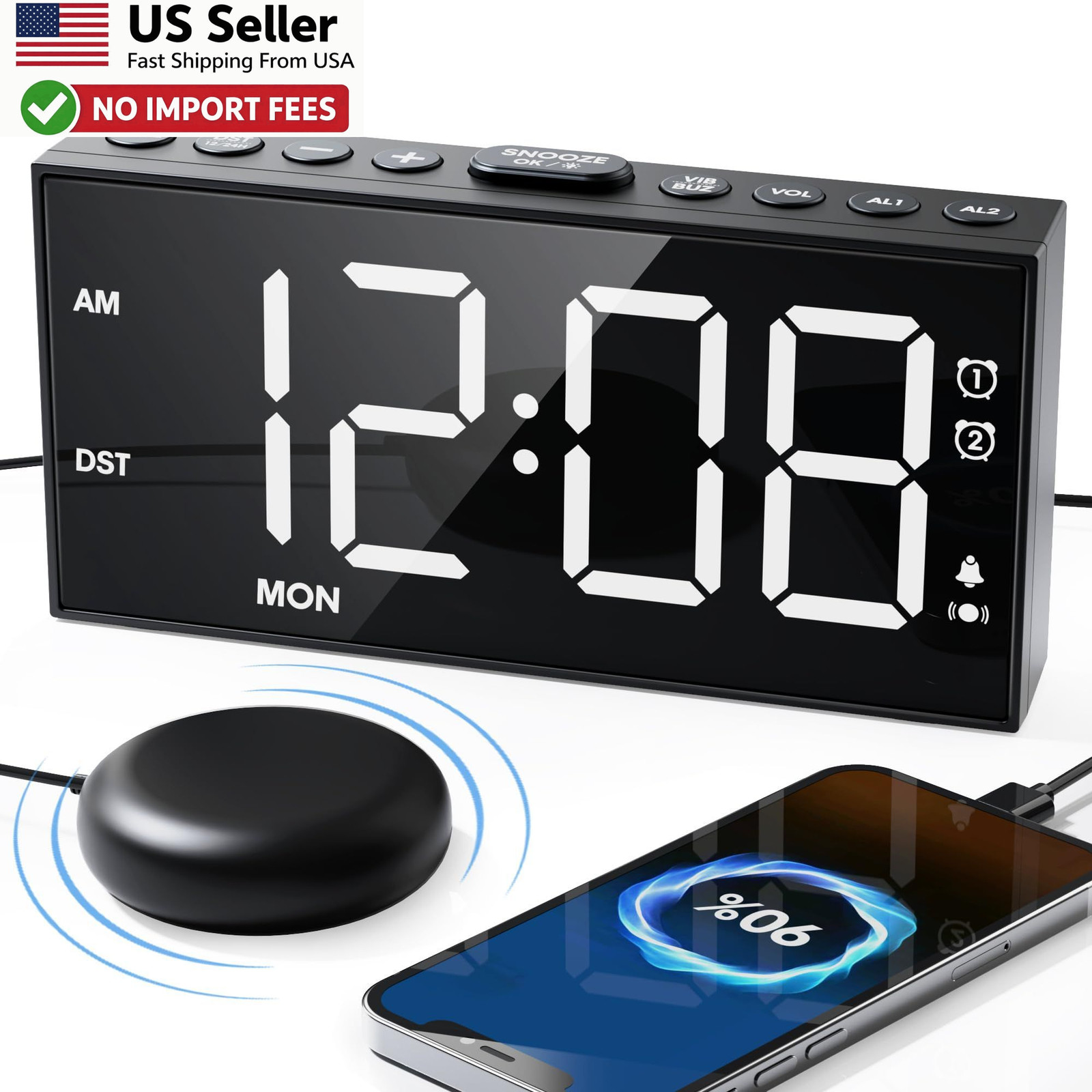 Roxicosly Vibrating Alarm Clock Bed Shaker Dual Alarm USB Dimmer FROM USA