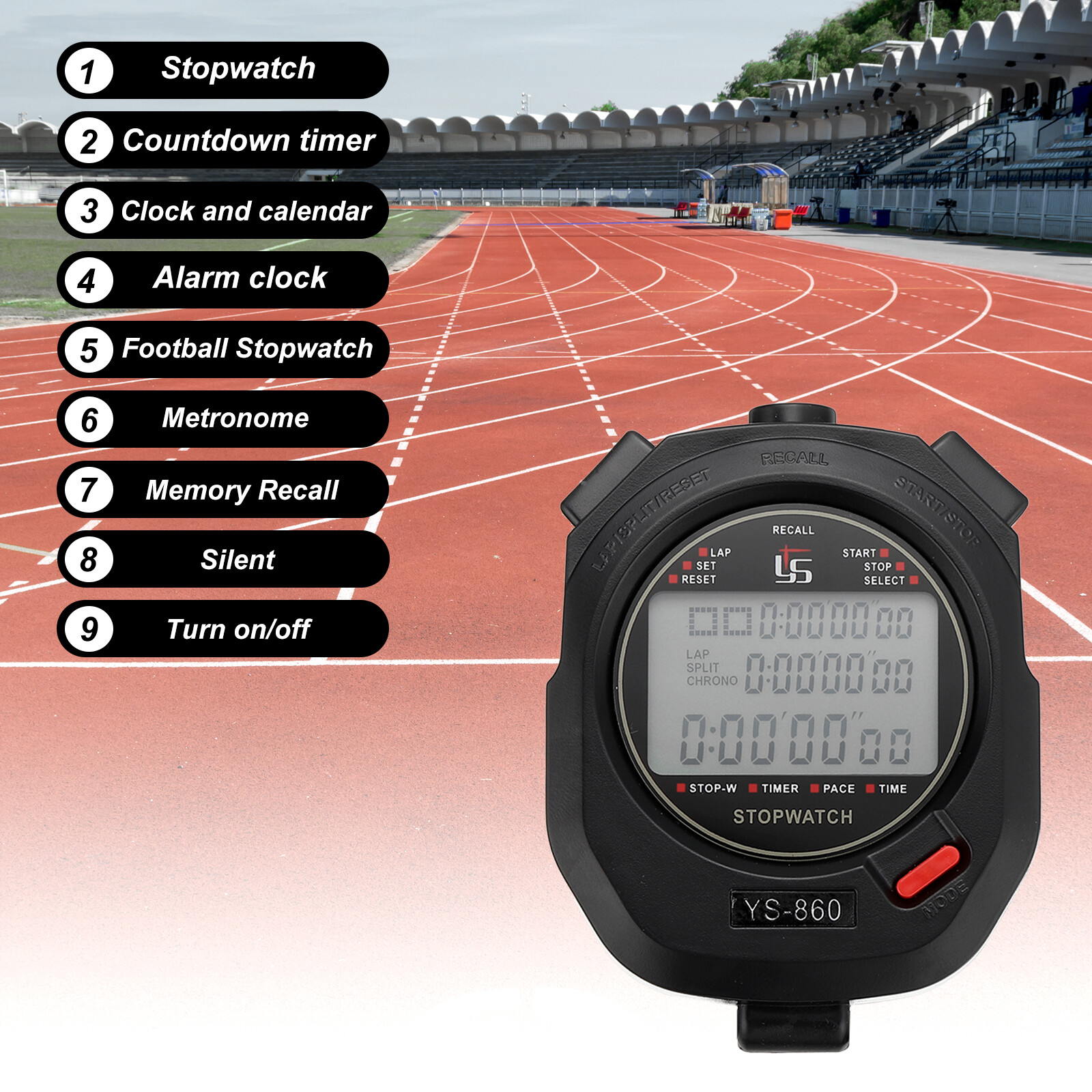 Professional Sport Stopwatch Timer 60 Lap Memory 0.01 Second Timing Black