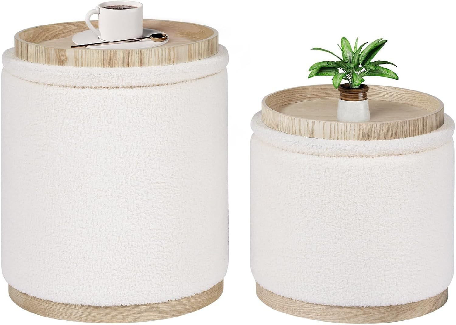 Storage Ottoman round Boucle Ottomans with Tray, Set of 2 Teddy Foot Rest Ottoma