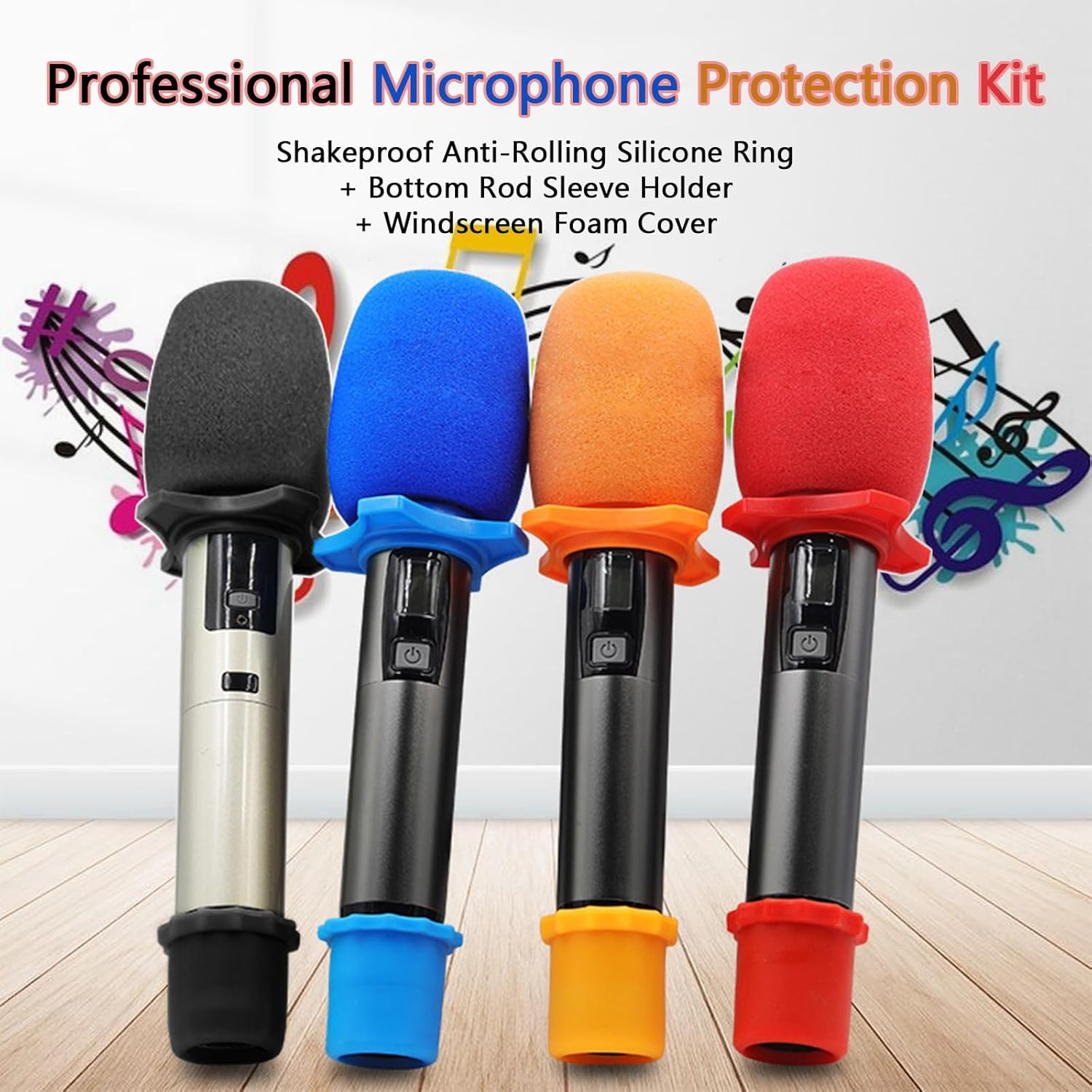 4 Set Black Wireless Handheld Microphone Protection Kit - Shakeproof Anti-Rollin