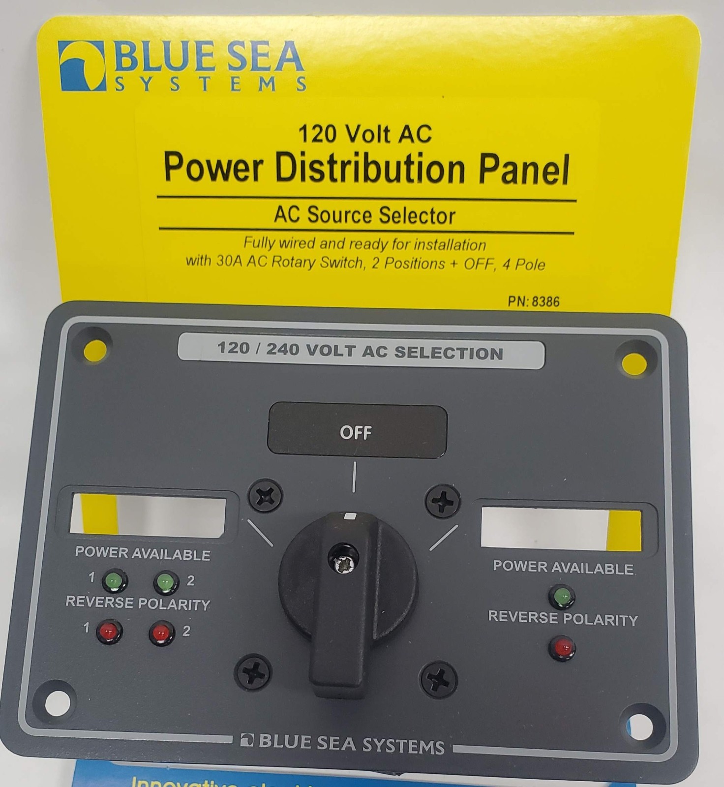 Blue Sea 8386 AC Rotary Switch Panel 30Amp 2 Positions + Off, 4Pole