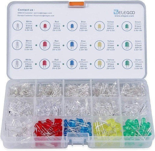 3mm 5mm Diffused Clear Assorted LED Kit 5 Colors Pack 600 LEDs, Arduino LED Kit