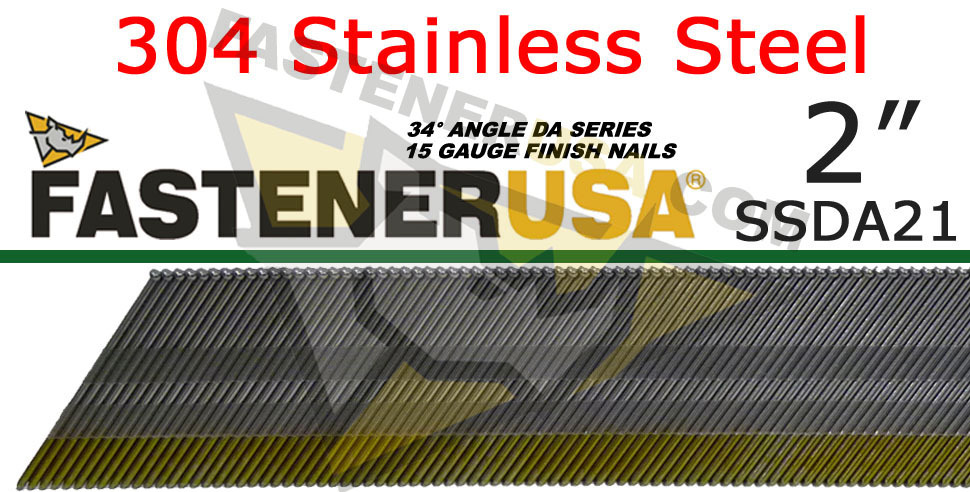 DA21 15 Gauge 304 Stainless Steel Angled Finish Nail 34 Degree 2" (1,000ct)