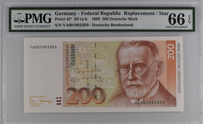 Pre Euro - Germany 200 Mark 1989 P42* UNC - Replacement Star / PMG GEM66EPQ