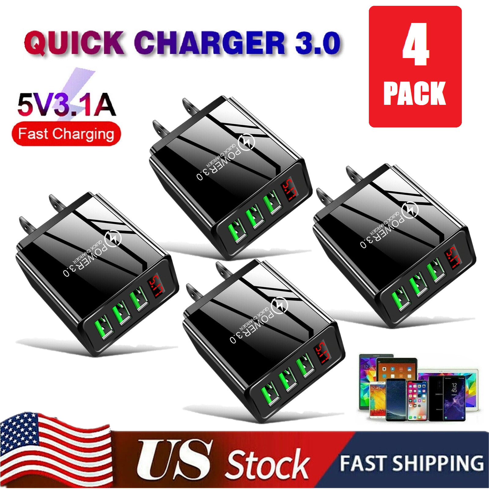 4Pack Wall Charger QC 3.0 Fast Quick 3 USB Port Hub Power Charge Adapter US Plug