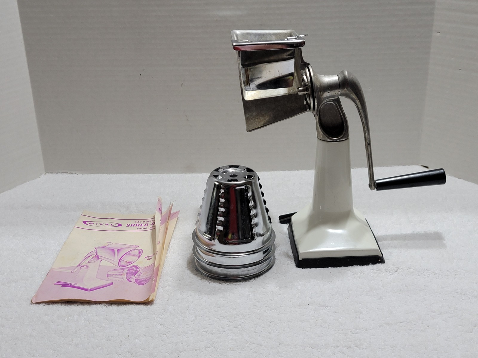 VINTAGE RIVAL SHRED=O-MAT SALAD MAKER WITH 3 CONES VACUUM BASE & INST. #601