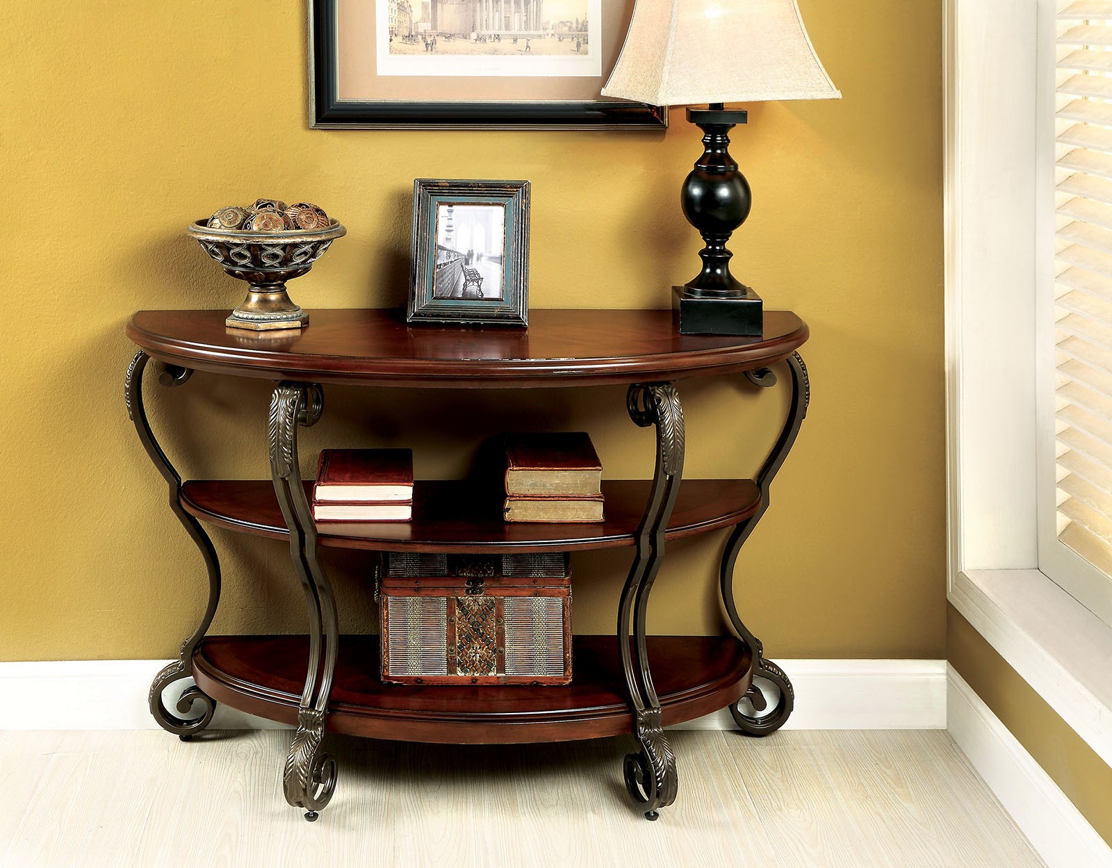 Traditional Style Brown Cherry 1pc Sofa Table Open Bottom Shelf Ornate Design Li