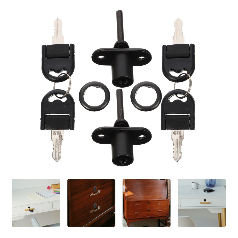 2Pcs Durable Steel Office Desk Lock Triple Drawer Lock for Home Black Cabinet