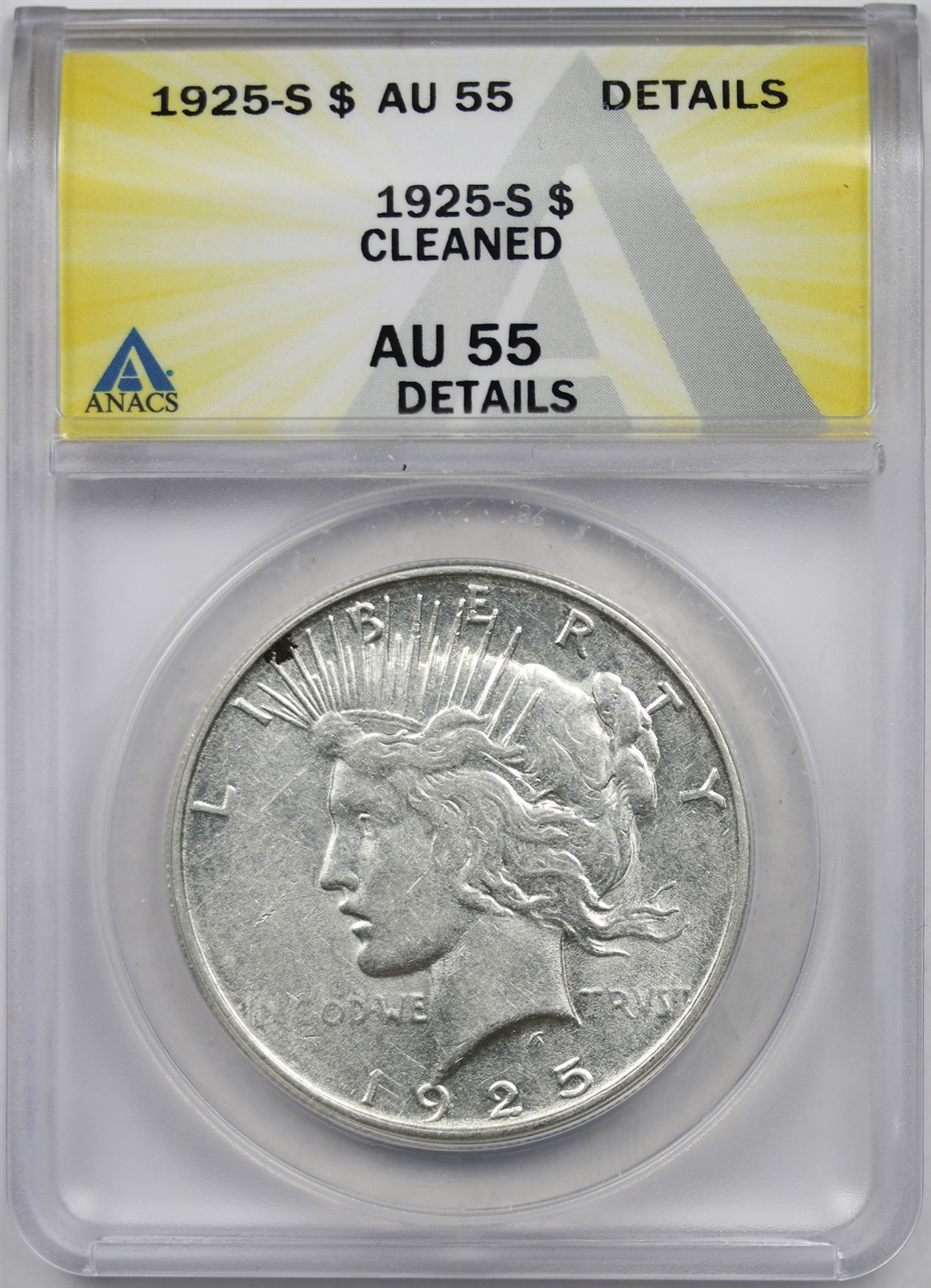 1925-S $1 ANACS AU 55 Details (Cleaned) Peace Dollar