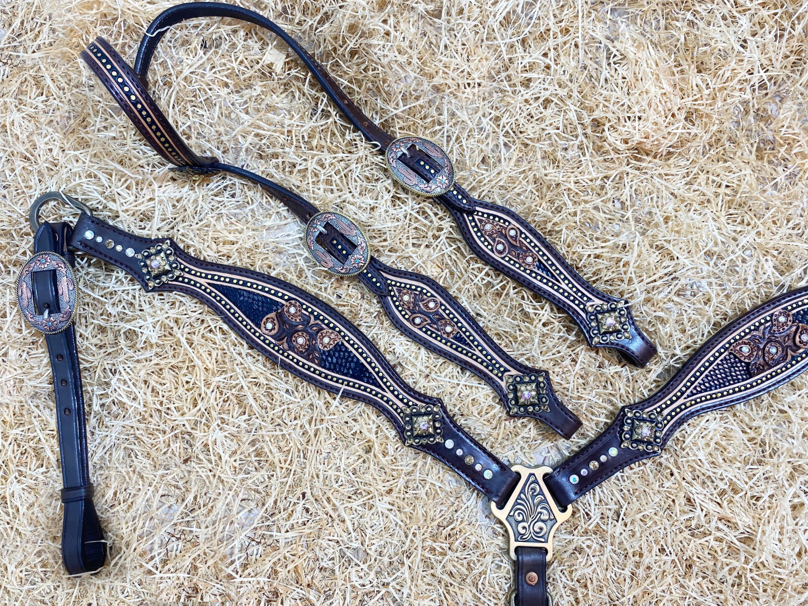 Western Leather Headstall Set Horse Decorated with Paisley Carving Gifts MOUSM