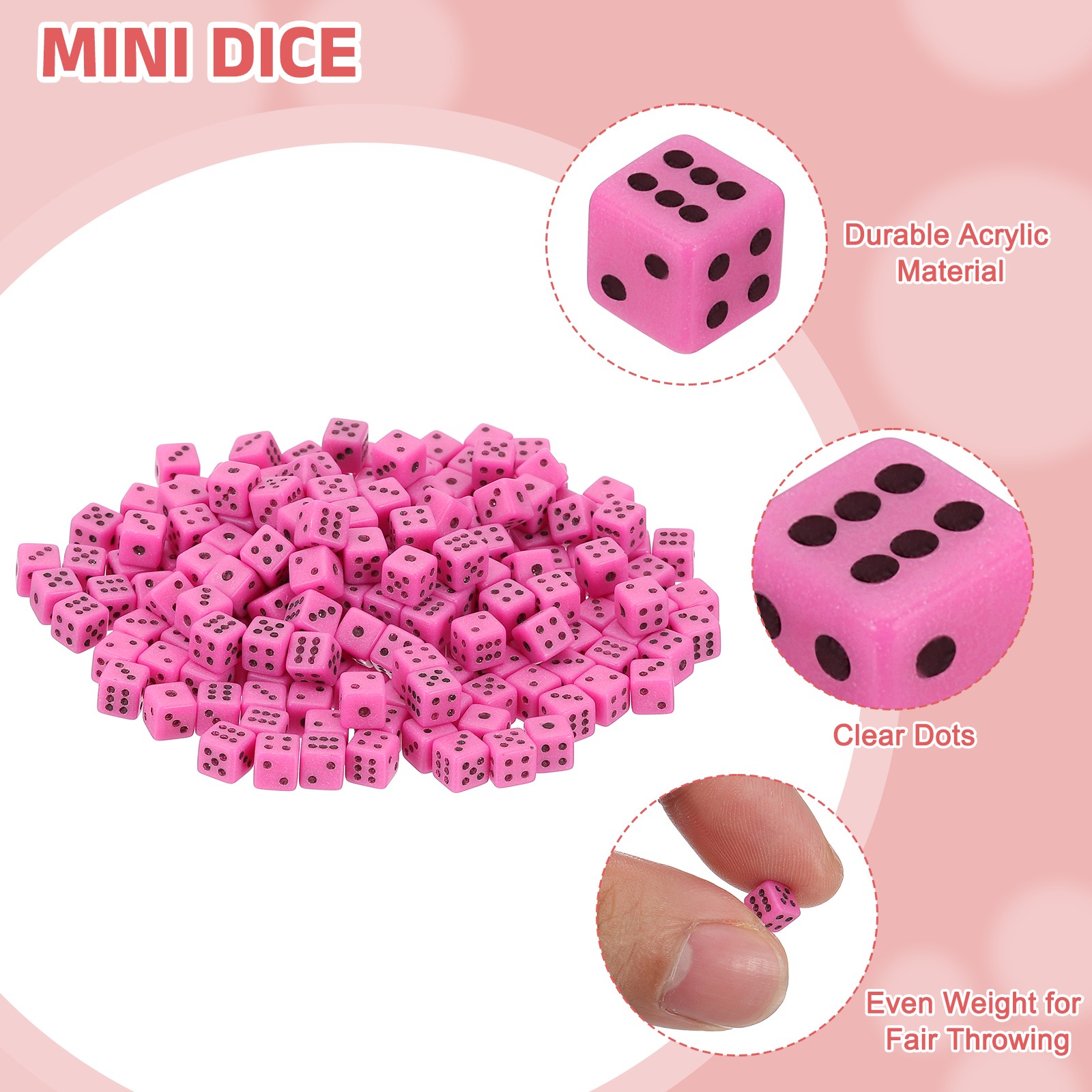 200Pcs Mini Acrylic Polyhedral Dice 5mm 6 Sided Square Corner Dice, Pink