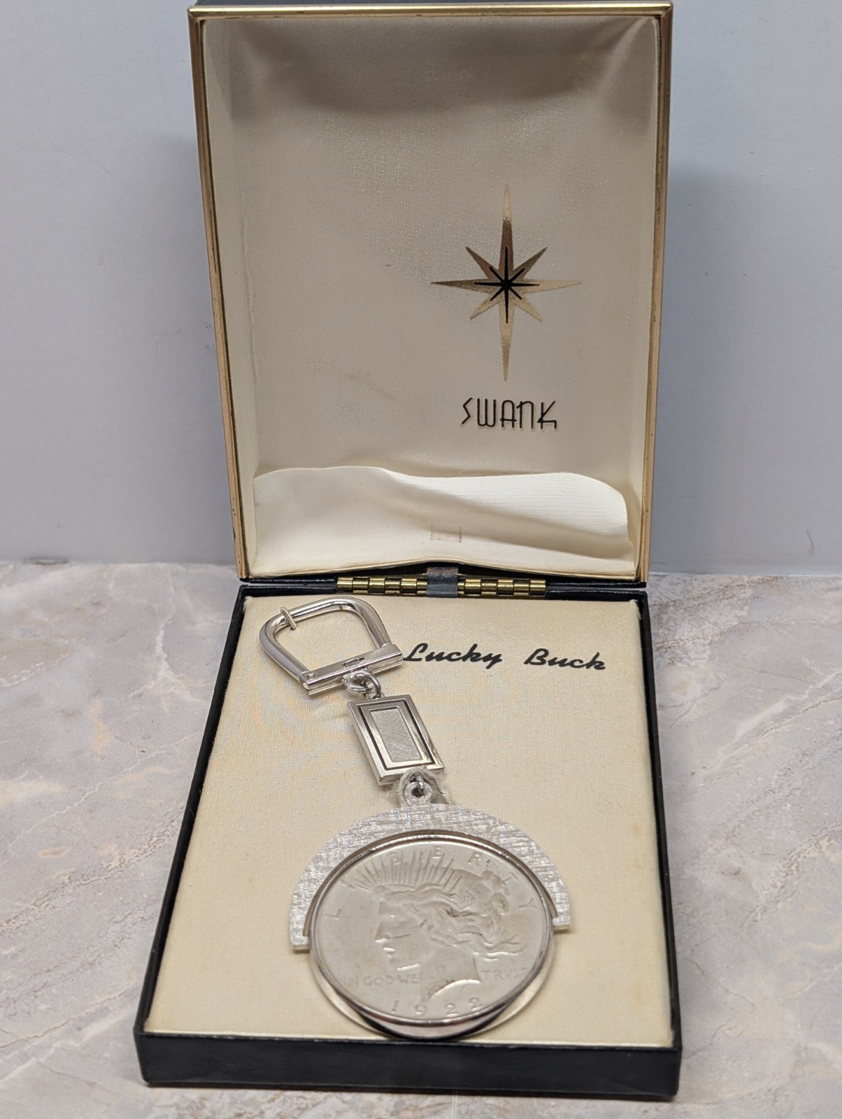Vintage SWANK Lucky Buck 1922 Silver Peace Dollar Spinning Keychain (See Photos)