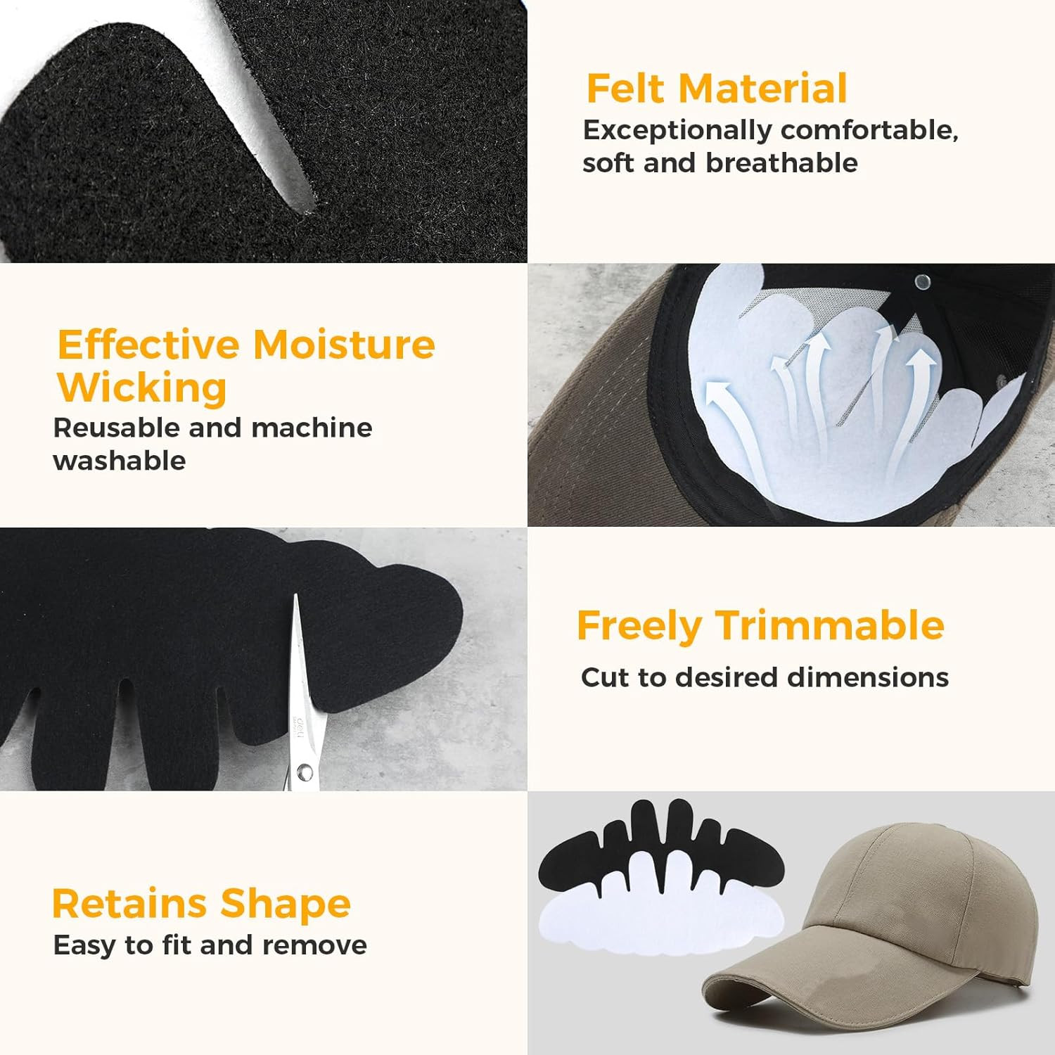 10 Pack Hat Shaper Insert, 5 White 5 Black Felt Inserts for Baseball Caps, 11.61