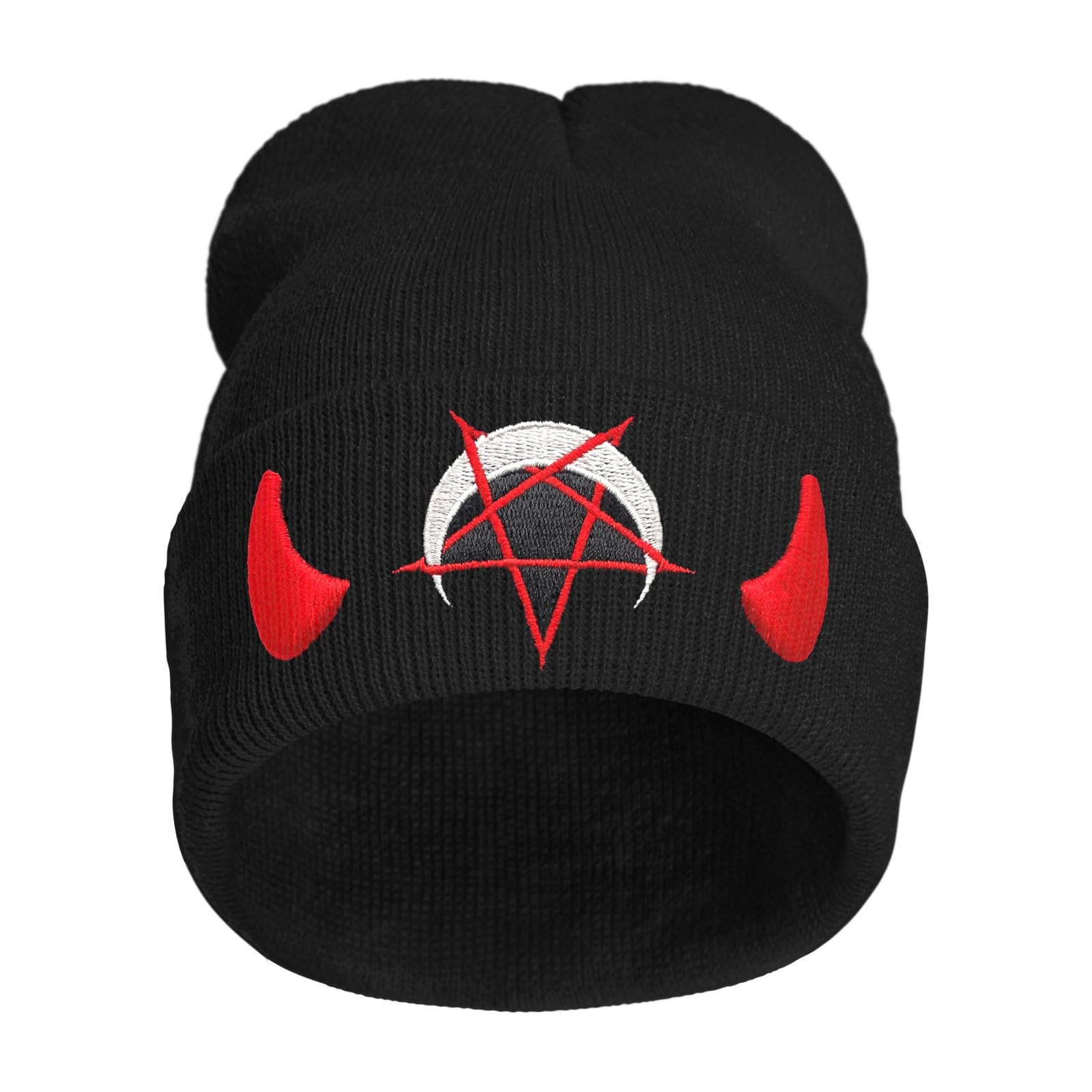 Goth Spooky Horror Demon Devil Horned Embroidery Beanie Black Knit Hat for Me...