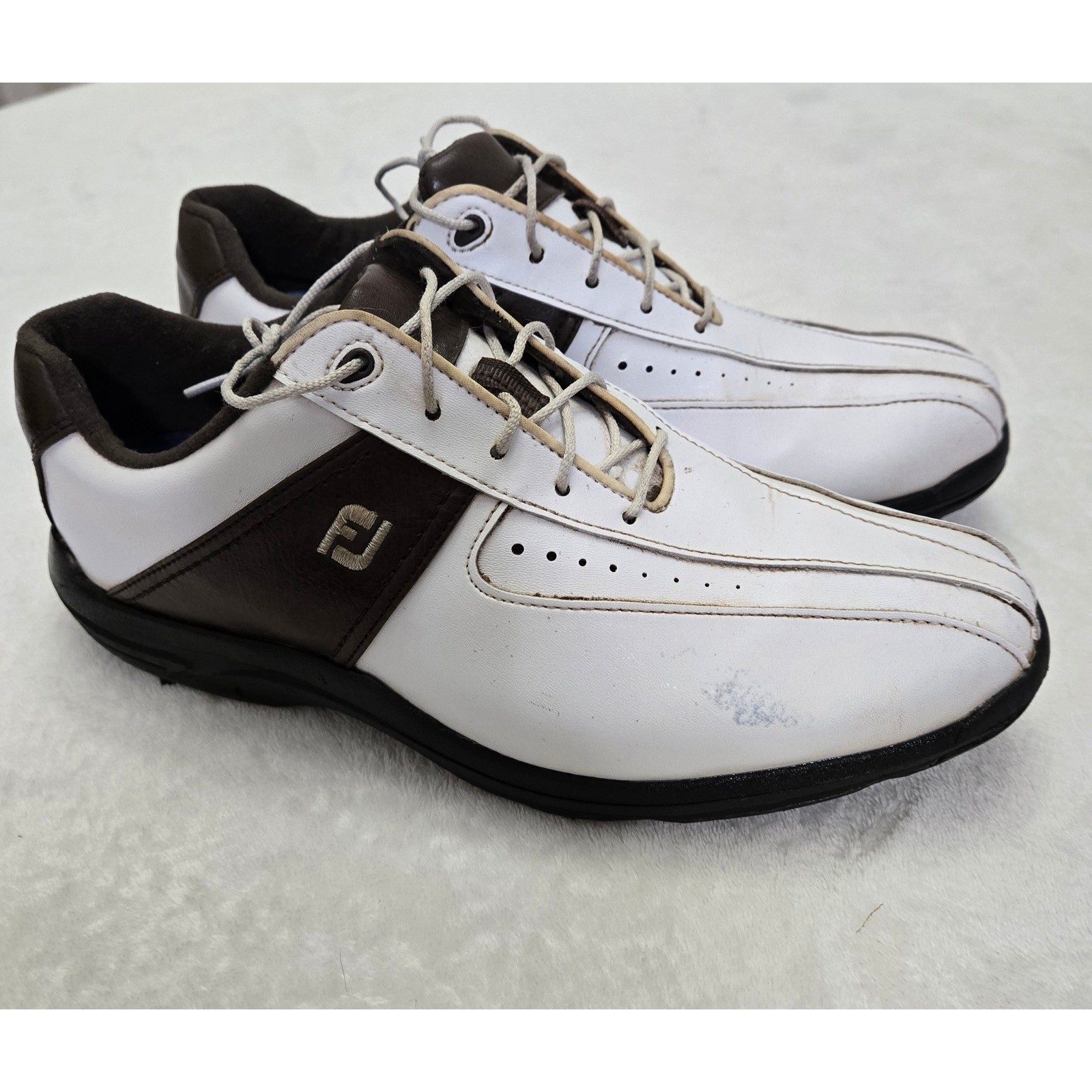 FootJoy Golf Shoes Mens White Brown Leather Cleated Spiked Golfing