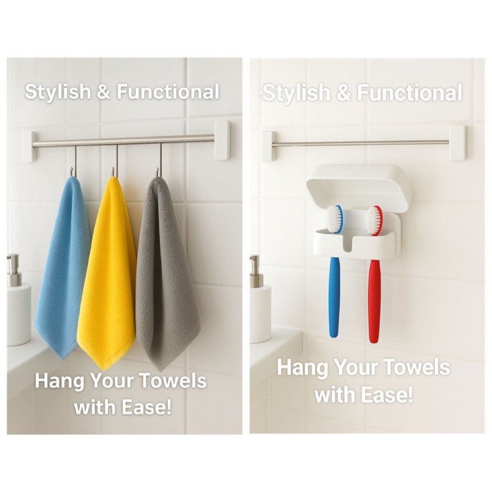4 PC Bathroom Set - 2 Toothbrush Holders & (2) 3-Hook Towel Bars College Dorm