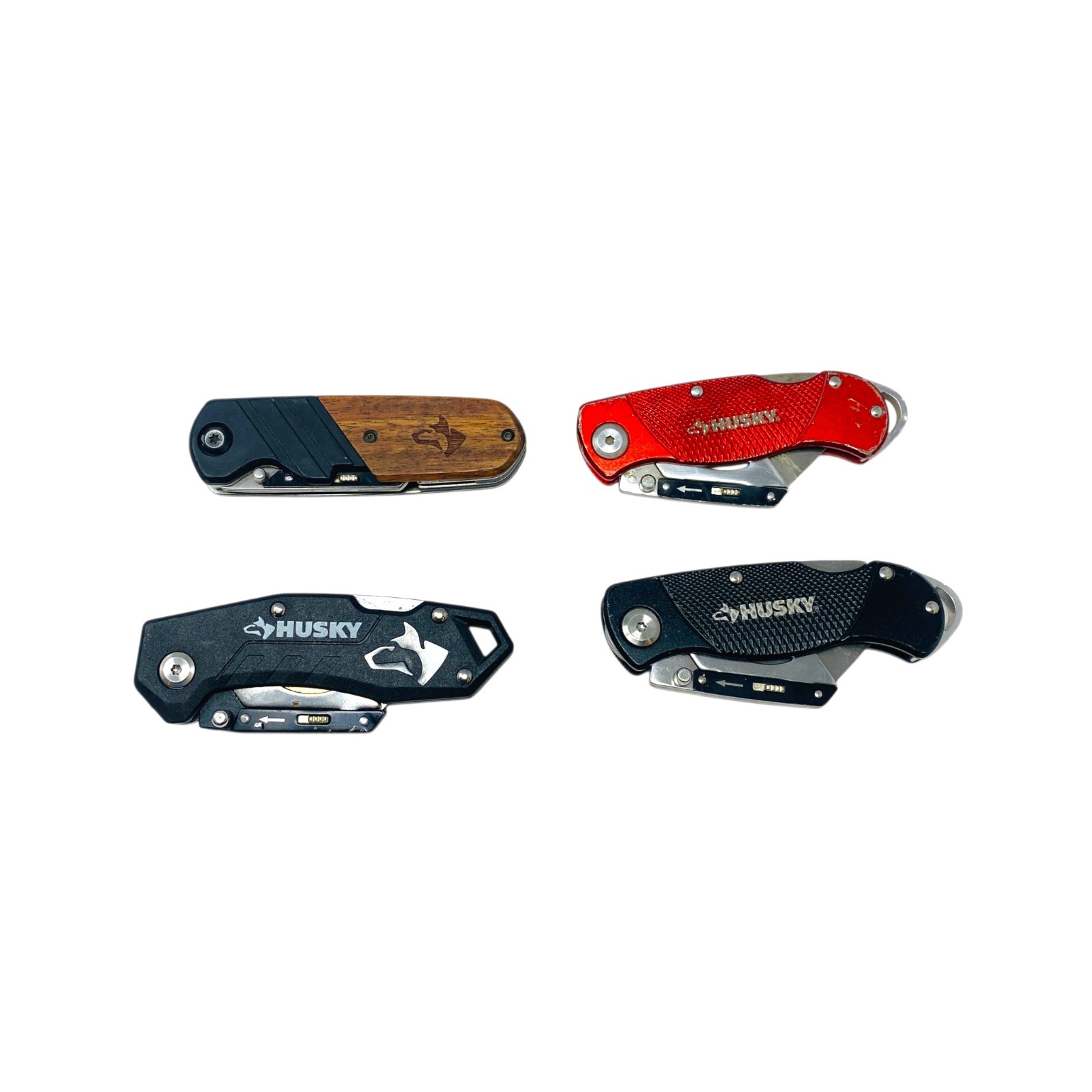 Husky Folding Utility Knife Lot of 4 Dual Blade Wood Grain Red Black Box Cutter