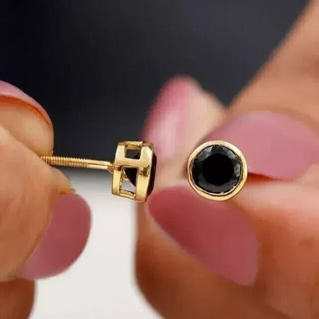 2.00Ct Round Cut Black Onyx Lab Created Diamond 14K Yellow Gold FN Stud Earrings