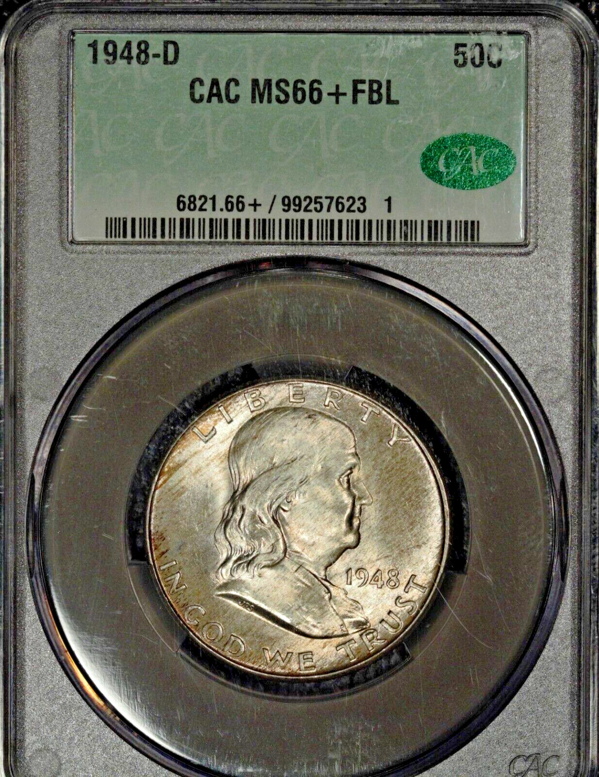 1948-D Franklin Half  Dollar, CACG MS66+ FBL, Light Toning