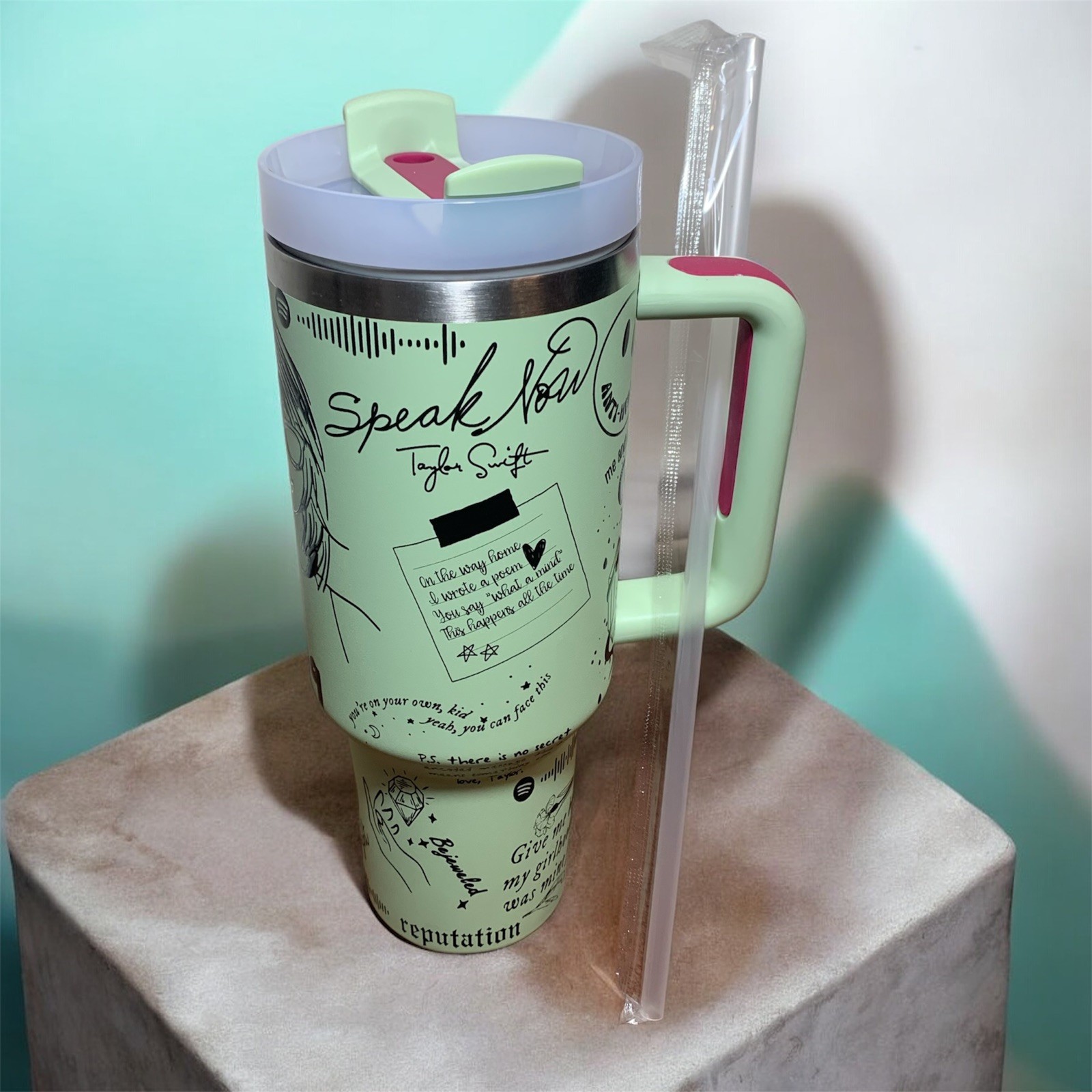 Taylor Swift Music Awards Eras 40oz Tumbler Green Insulated Mug Handle Lid Straw