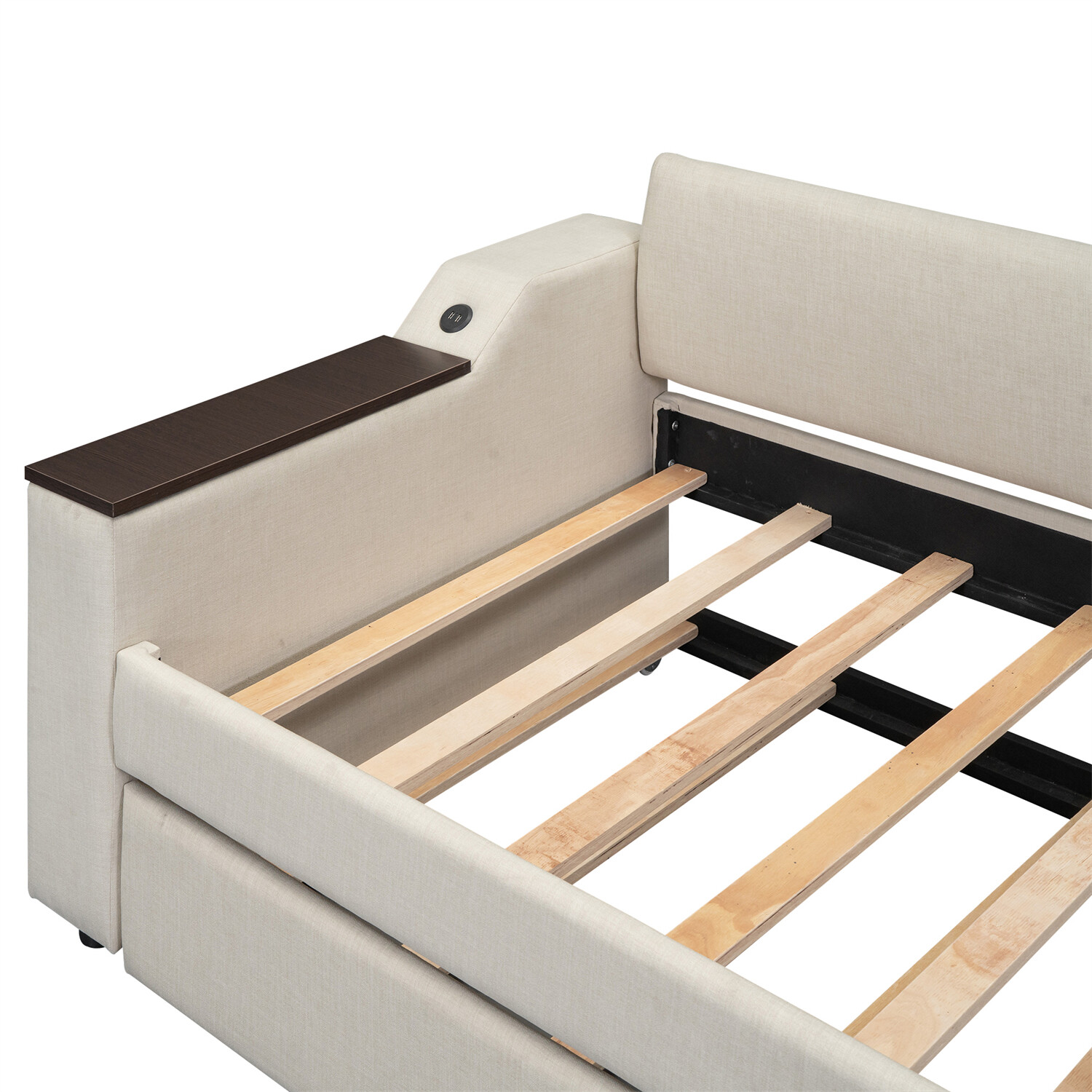 Twin Size Daybed Upholstered Bed Frame Sofa Bed with Trundle Bed Beige