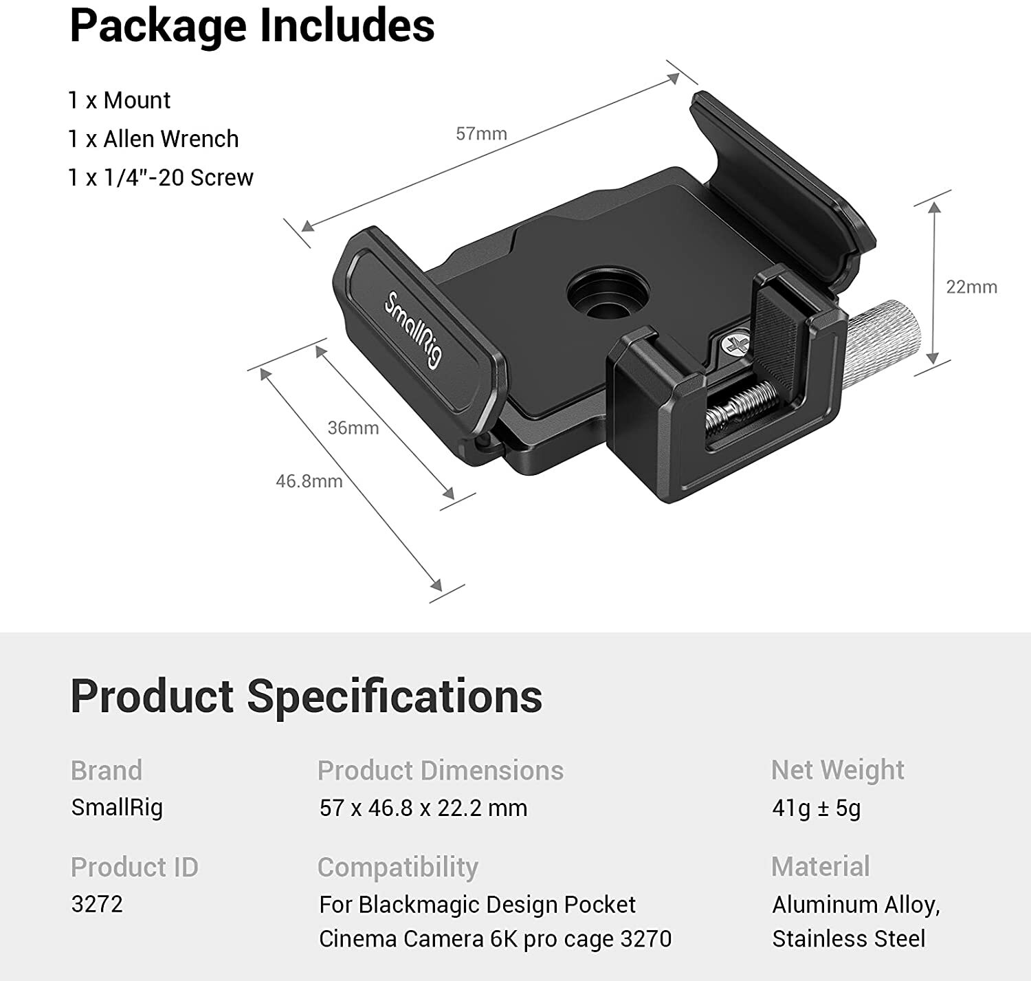 SmallRig SSD Mount Bracket SSD Holder for Samsung T5/T7 SSD 3272