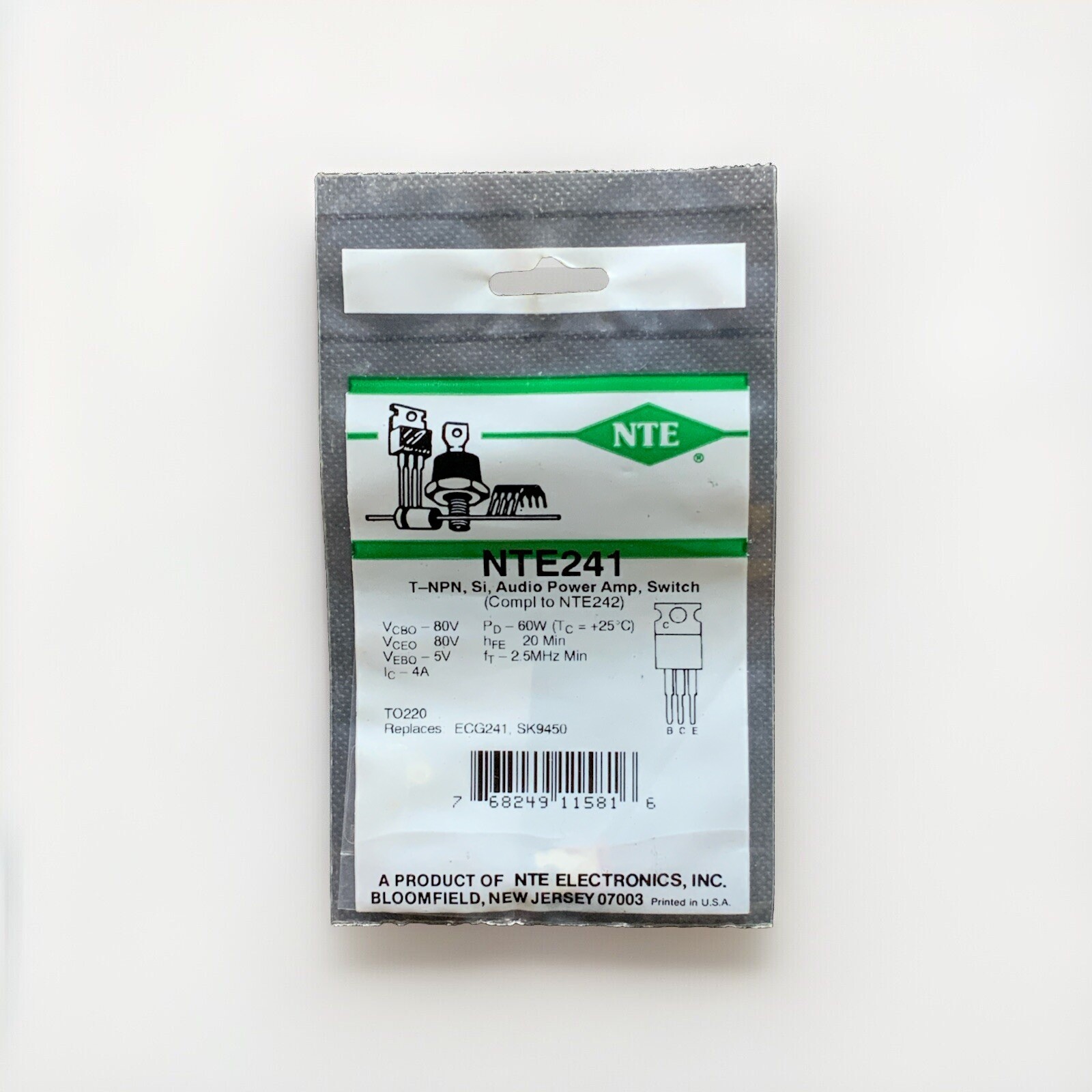 NTE241 T-NPN, Si, Audio Power Amp, Switch (Compl To NTE242) TO220 ECG241 SK9450