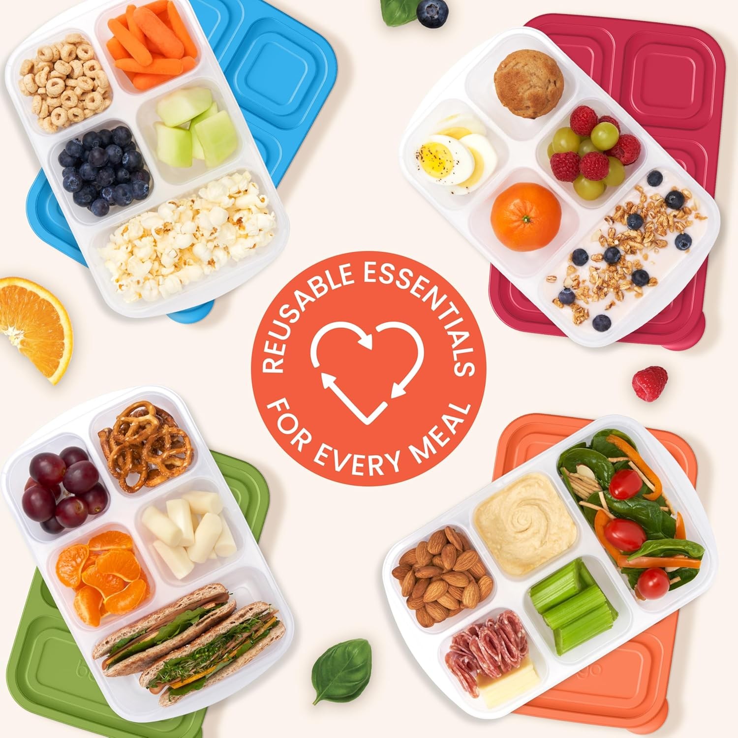 Reusable 5-Compartment Food Containers, Stackable 8-Piece Set, 4 Trays & 4 Lids