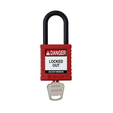 Brady Sdpl-Red-38Pl-Kd Padlock, Keyed Different, Nylon, Red, 1 1/2 In Shackle