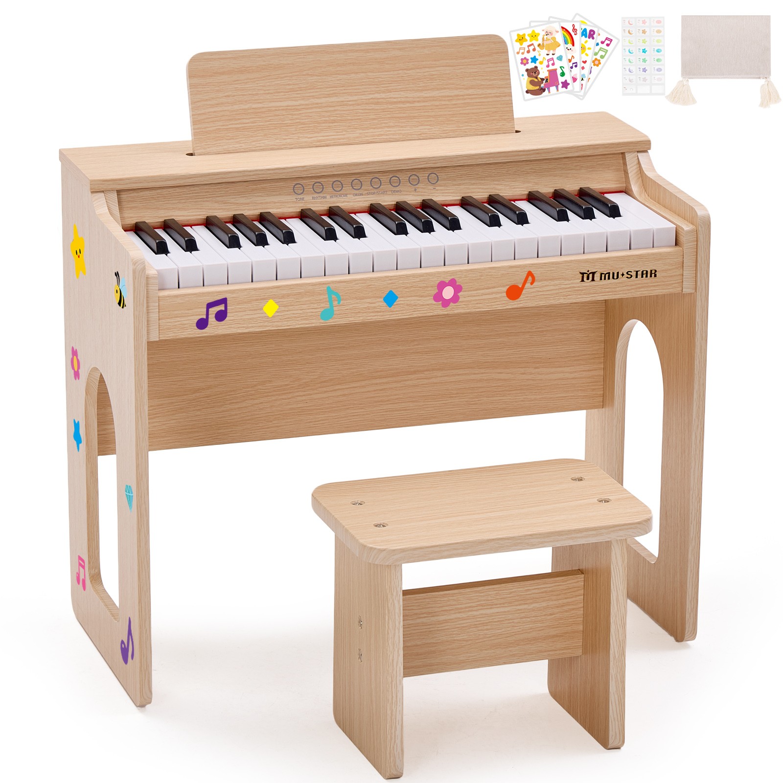 37Keys Kids Wooden Digital Piano Keyboard Toddler Toys with Stool,Stickers,Cover