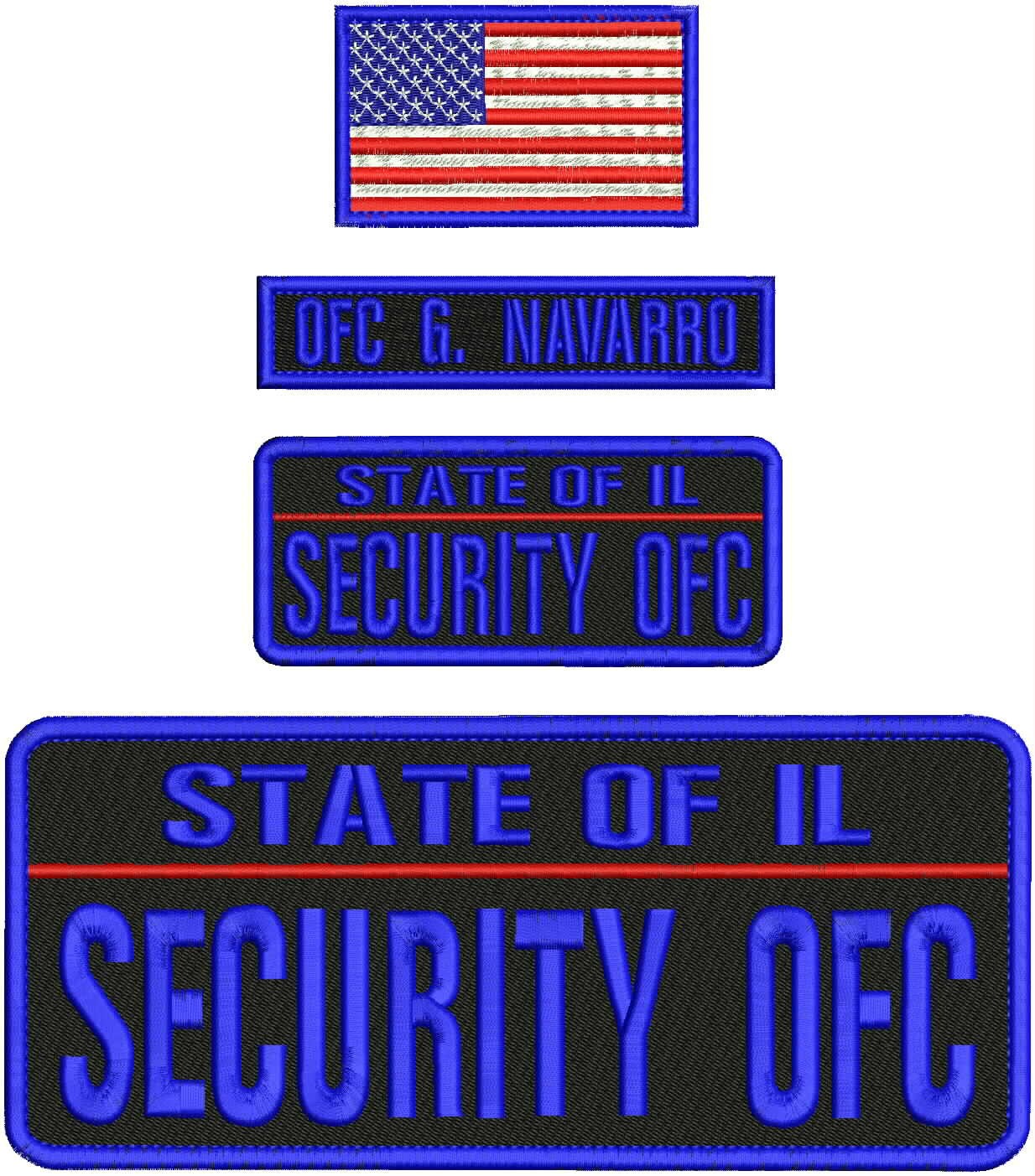 STATE OF  IL SECURITY  OFC 4X10 2X5 4 EMB PATCH HOOK ON BACK ROYAL BLUE ON BLACK