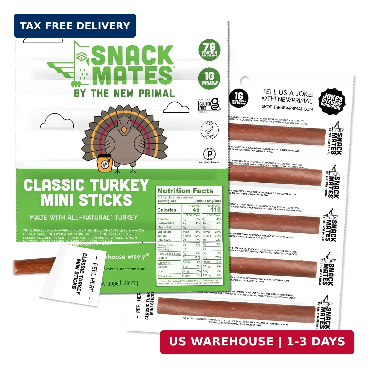 The New Primal Snack Mates Turkey Sticks, Gluten Free Healthy Snacks for Kids, L