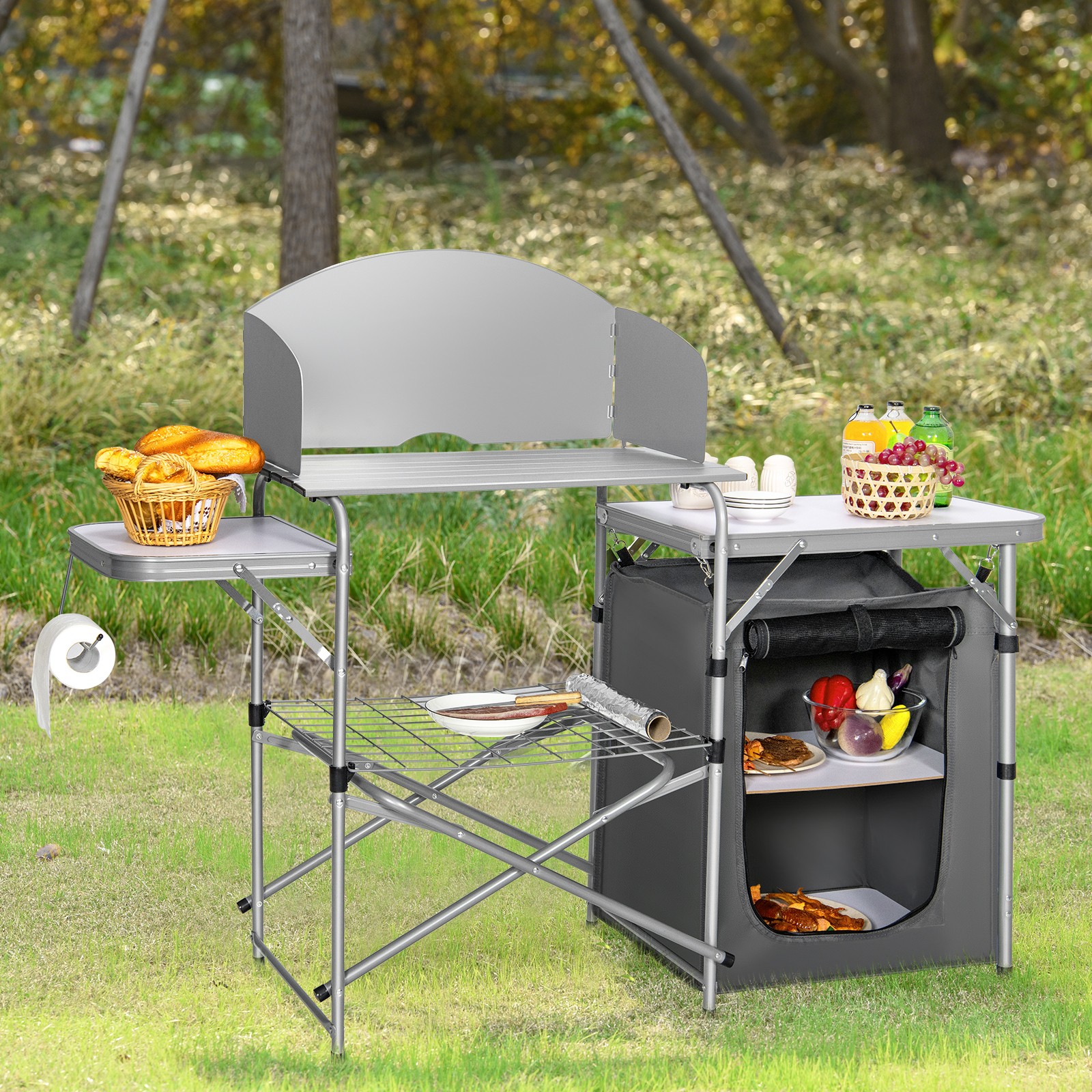 Portable Outdoor BBQ Grilling Stand Foldable Camping Table w/Windscreen Bag