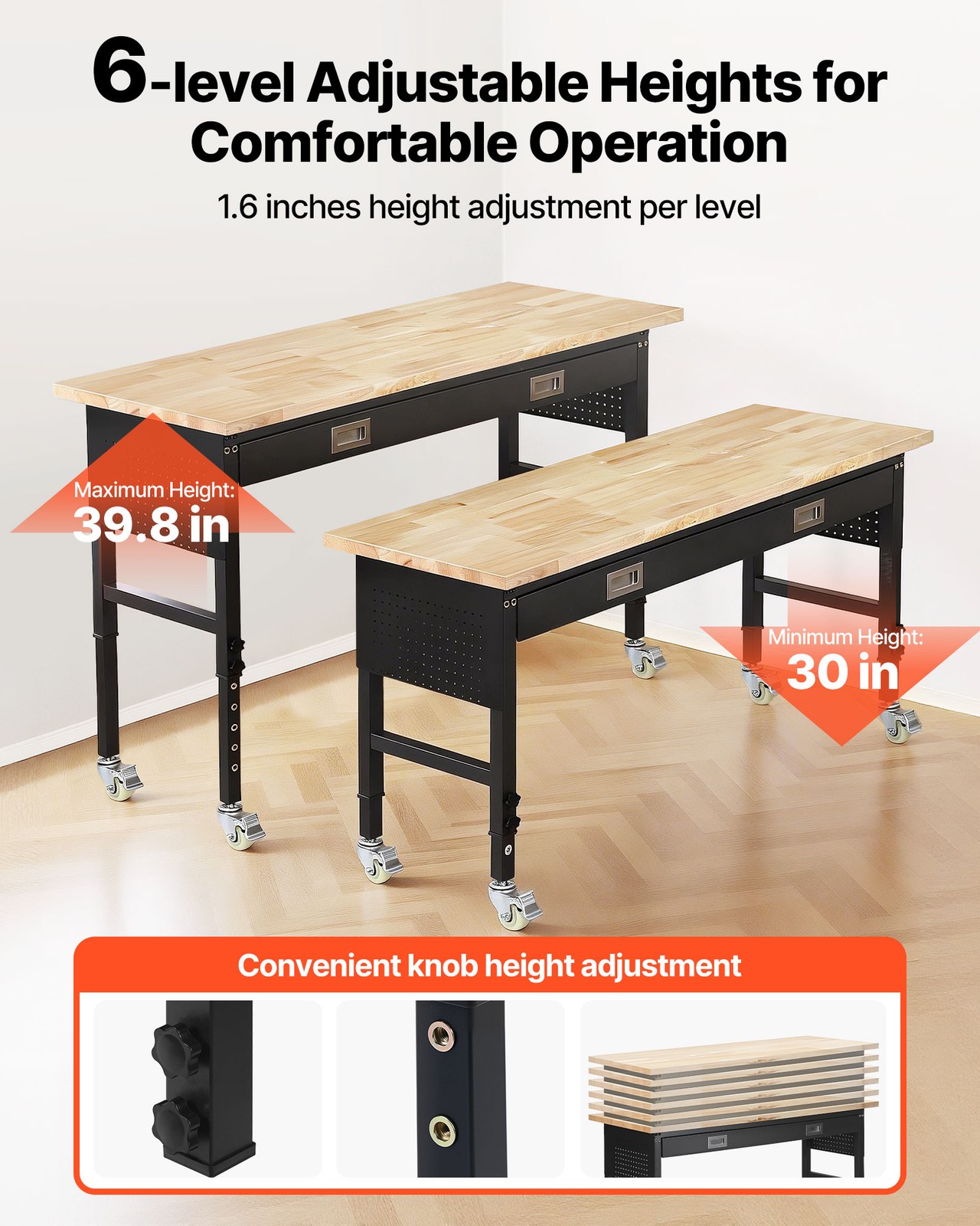 VEVOR 60-inch Adjustable Workbench Wood Work Table with Power Outlet & Drawer