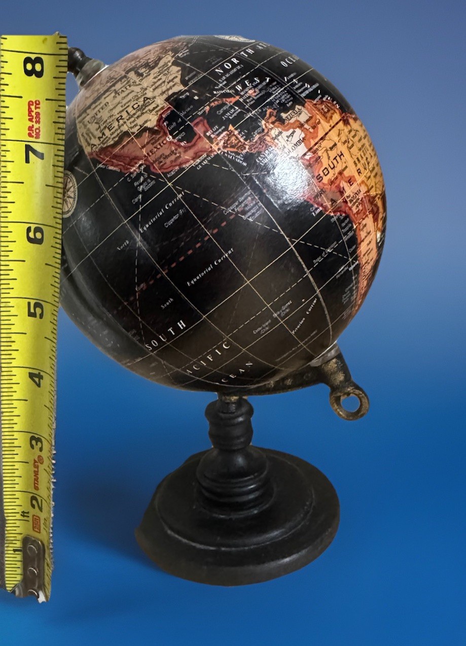 Decorative Table Top Spinning Globe W/ Black Details Measures 8” Tall
