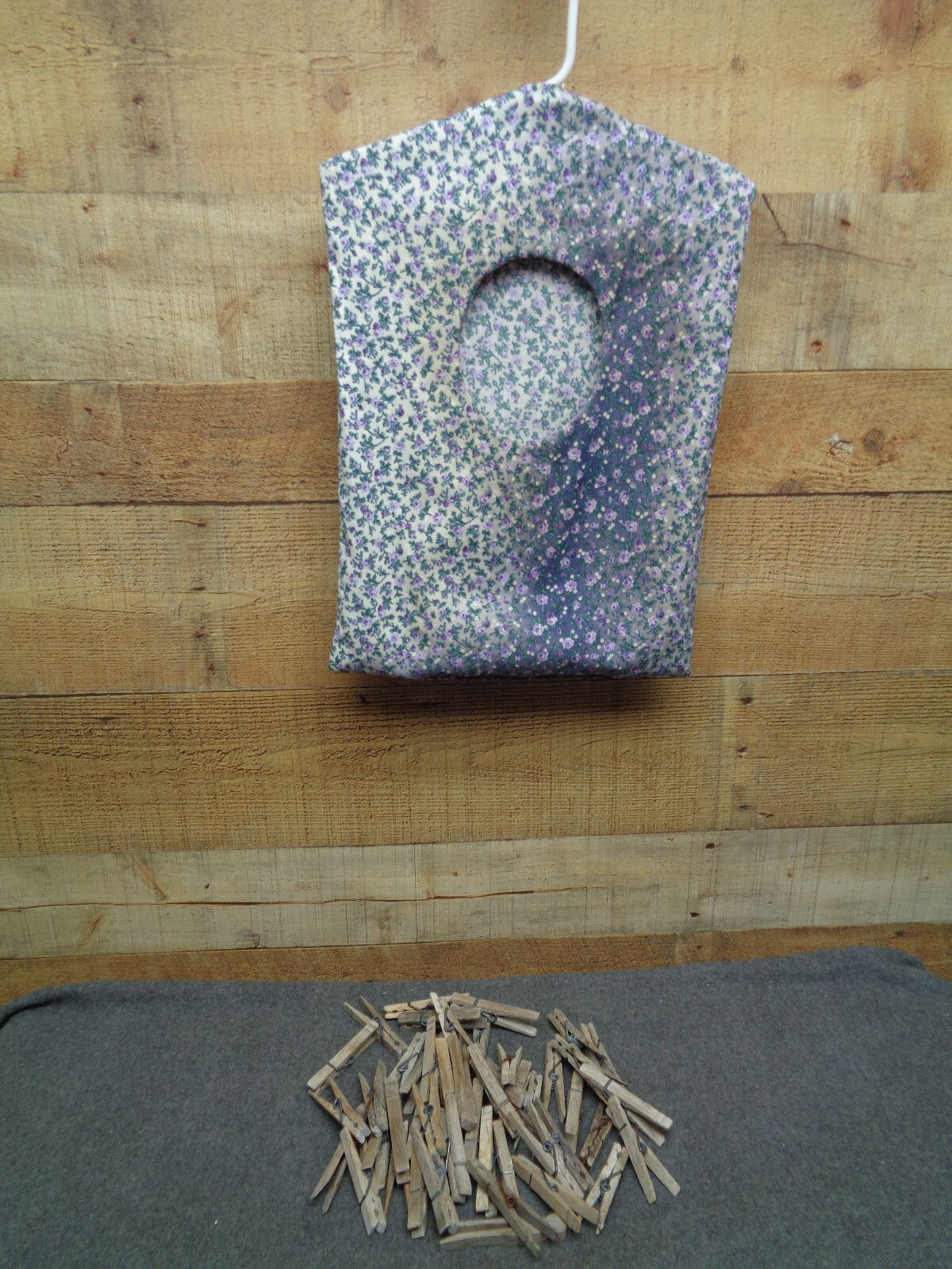 Fabric Clothes Pin Holder Bag - Calico Fabric 16" x 15" w/Clothespins