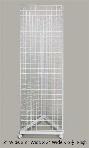 Wire Grid Triangle Tower Display Rack Casters Rolling Casters White 2' x 6 ½' H