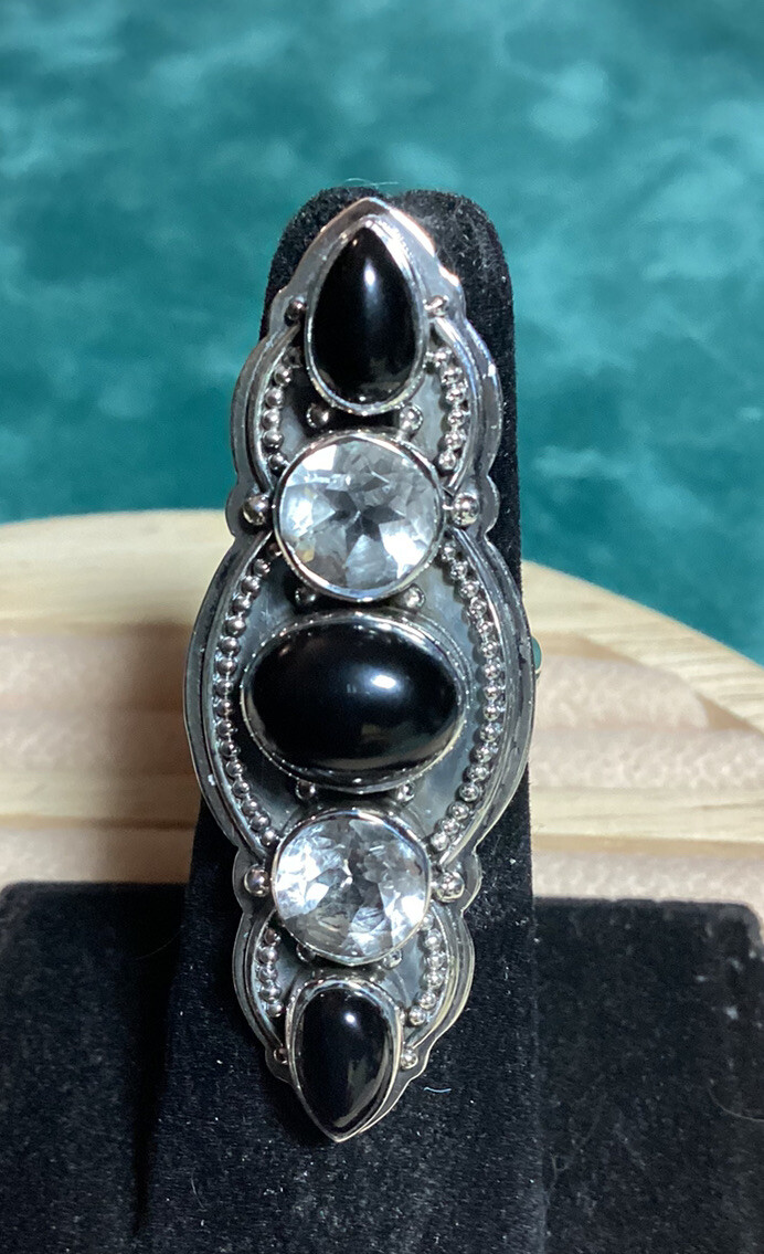 Onyx & Crystal Quartz Ring Sz 6.75 Or 7.25