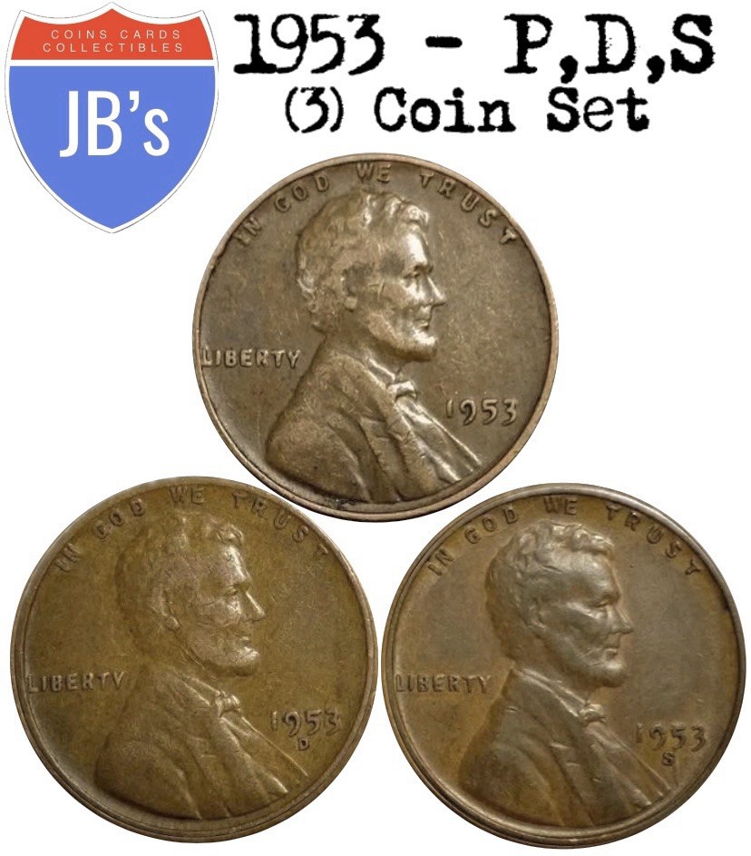 1953 P D S Lincoln Wheat Cent Penny 1c (3) Coin Set - Circulated (G/VG)
