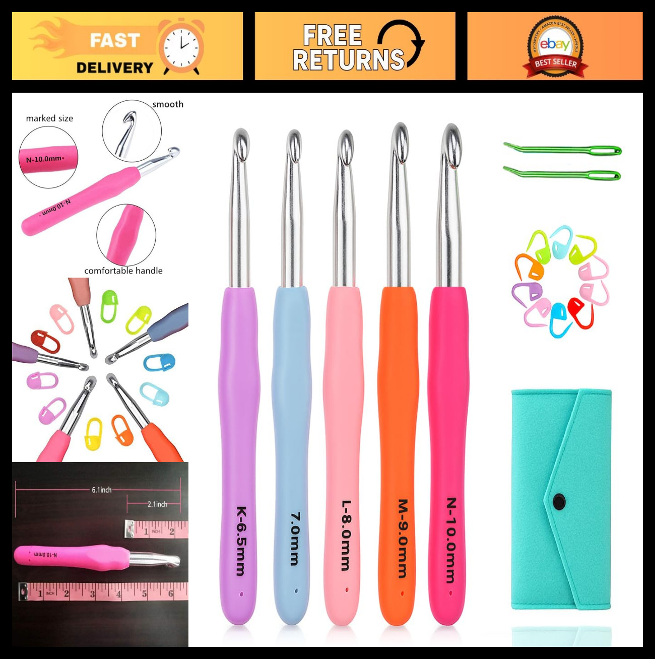 Large Ergonomic Crochet Hooks Set - 5 Sizes (6.5mm, 7mm, 8mm, 9mm, 10mm) for Com