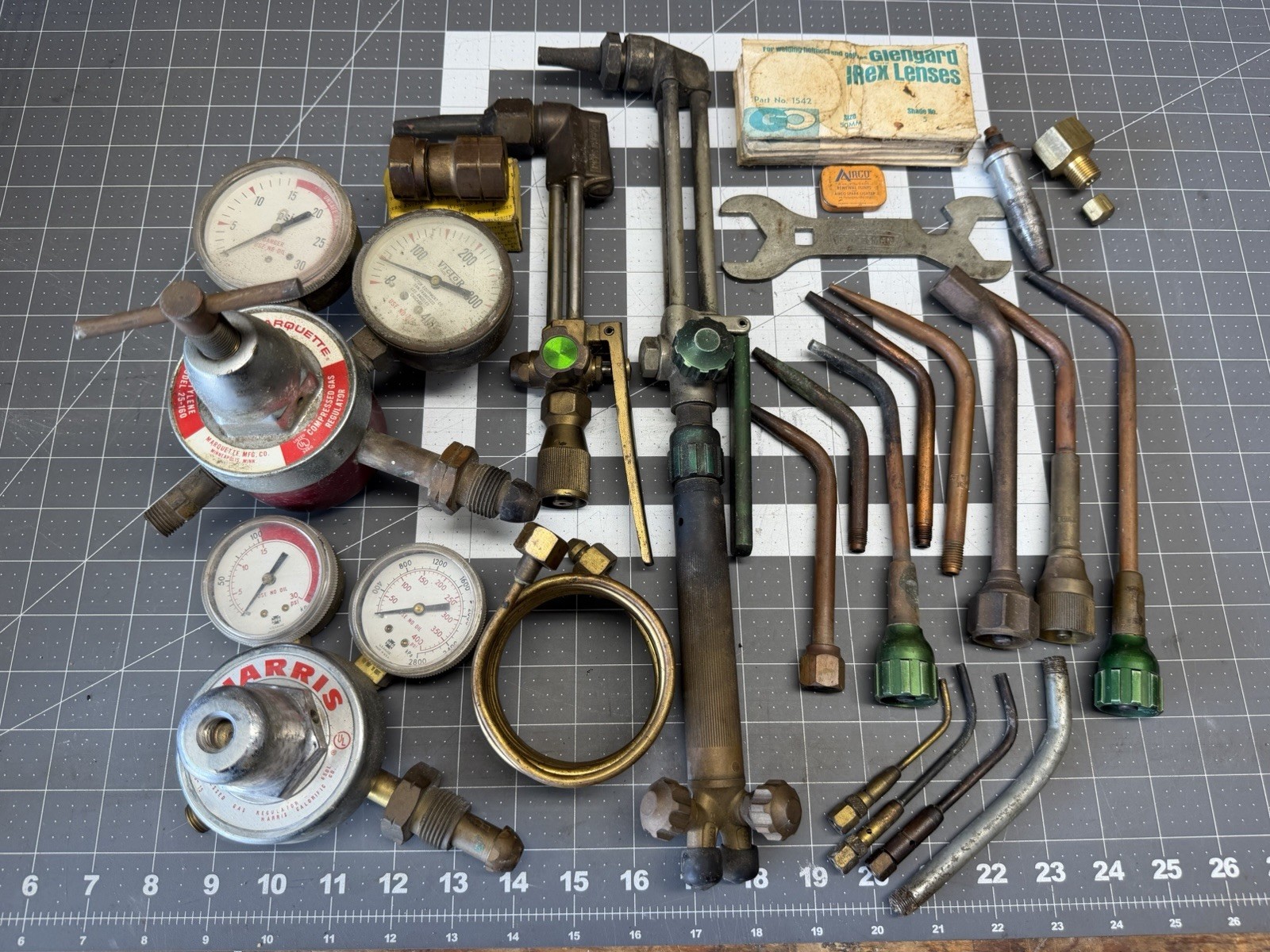 Vintage Oxy-Acetylene Torch & Regulator Lot Harris Victor + Tips & Parts