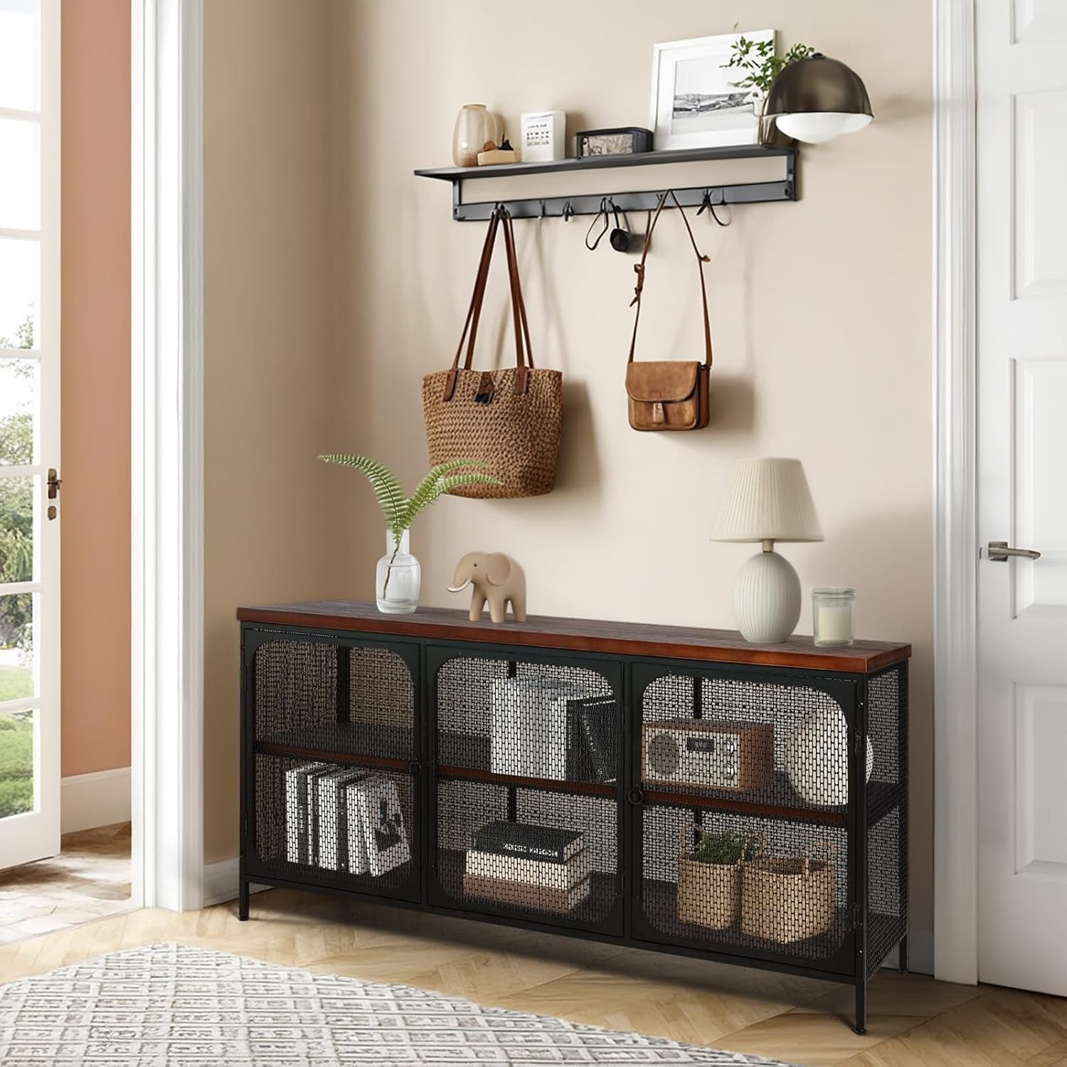 Industrial Stora Console Cabinet with Solid Wood , Bla Metal Mesh