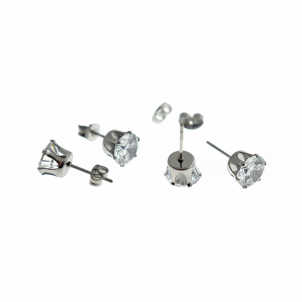 Stainless Steel Earrings - Cubic Zirconia Studs - 8mm x 6mm - 1 Pair - ER537
