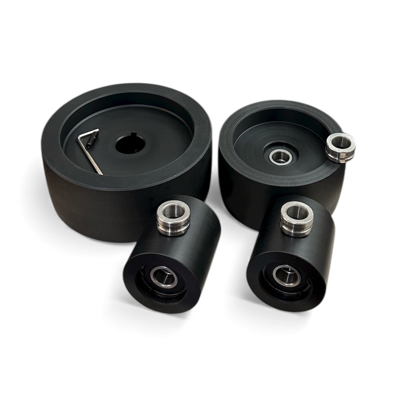 2x72 Belt Grinder Delrin Wheel Set 5in Drive 7/8 Bore 3in Tracking 2in Idler Kit